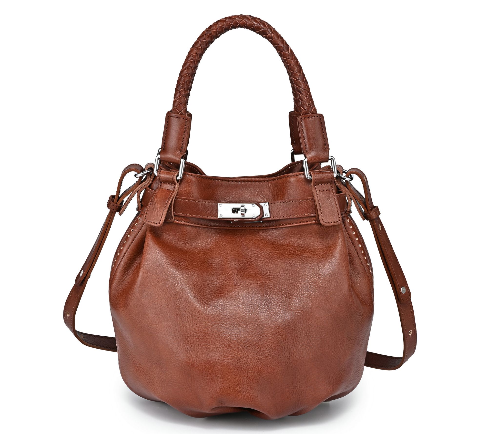 Old Trend Pumpkin Leather Bucket Bag with Crossbody Strap