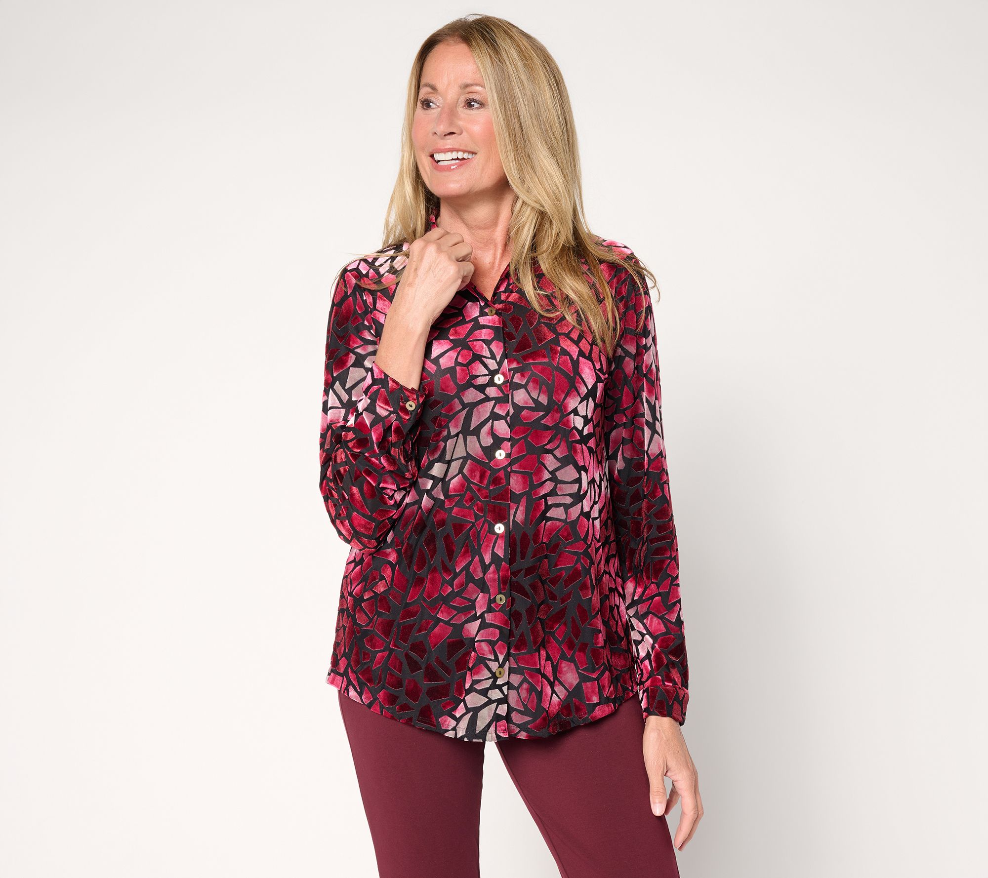Susan Graver Printed Burn-Out Knit Velvet Button Front Shirt