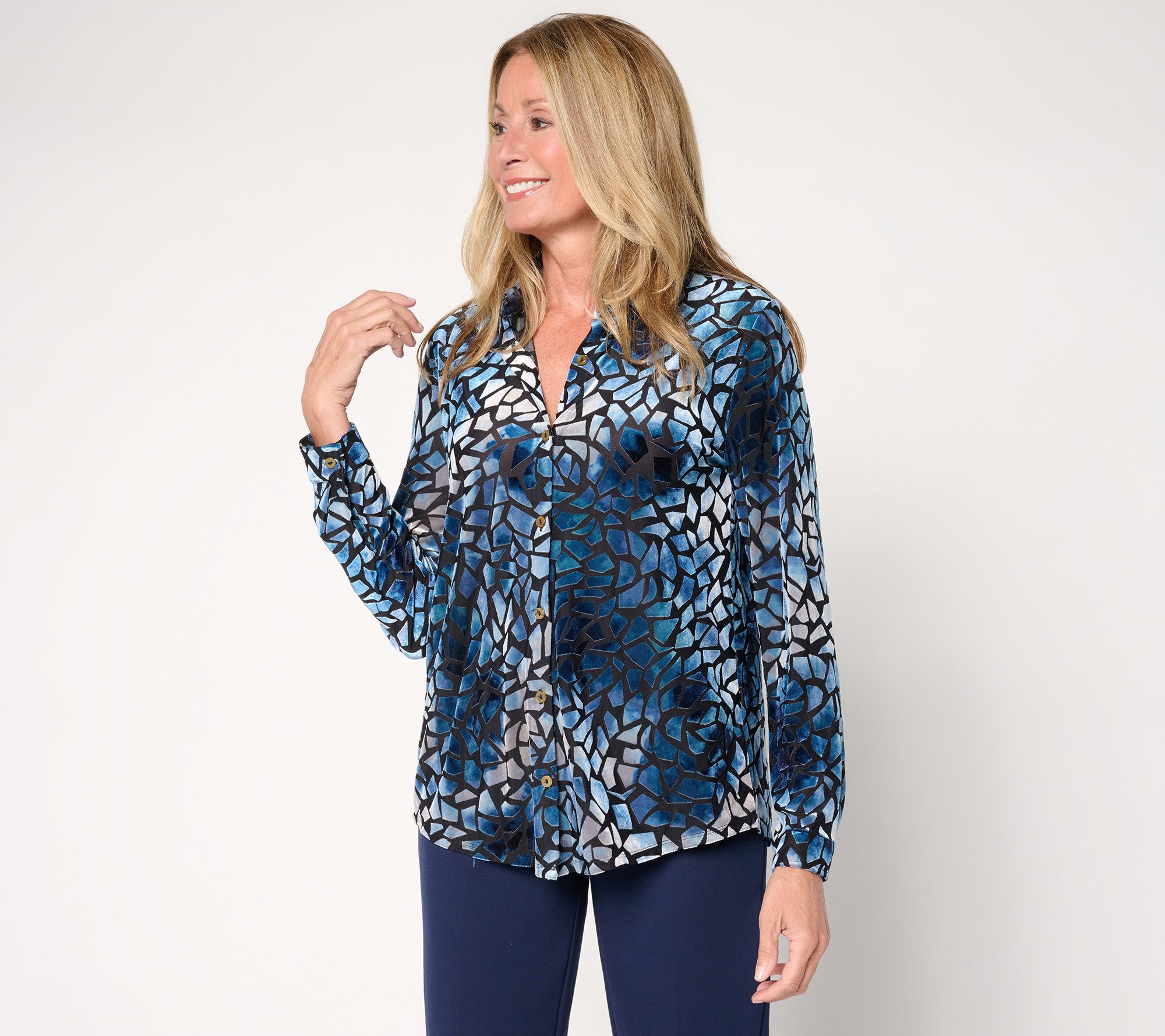 Susan Graver Printed Burn-Out Knit Velvet Button Front Shirt
