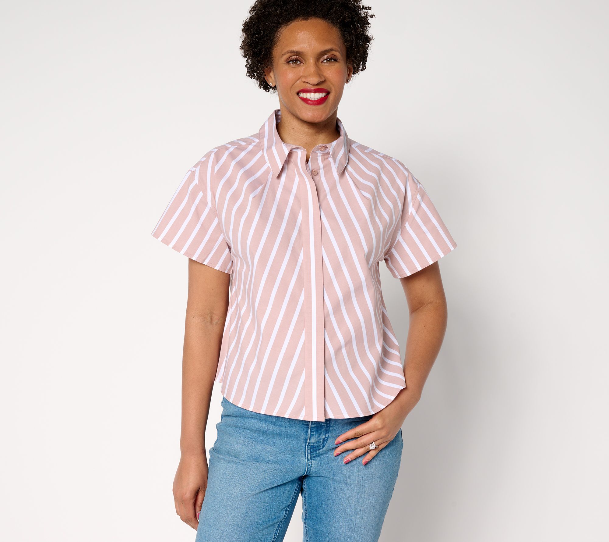 "As Is" AnyBody Pleated Neckline Collared Woven Shirt