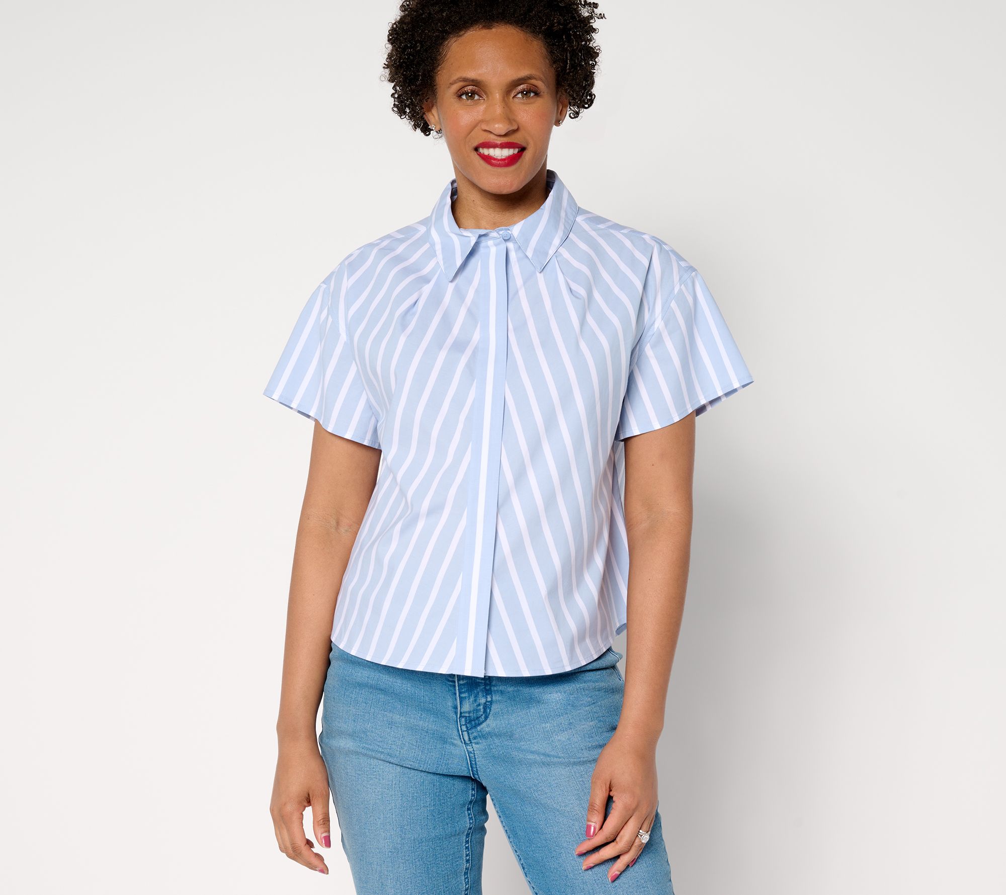 "As Is" AnyBody Pleated Neckline Collared Woven Shirt