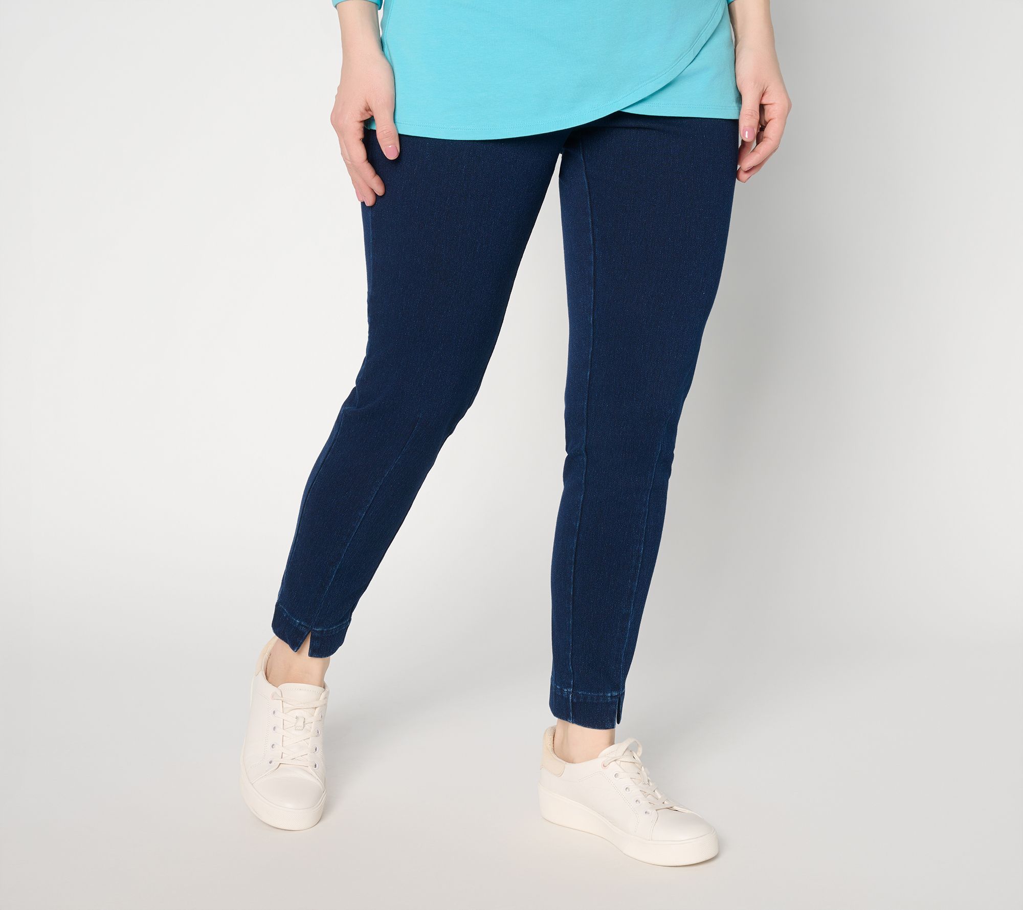 Denim & Co. Petite Comfy Knit Air Ankle Jeans w/ Front Slit