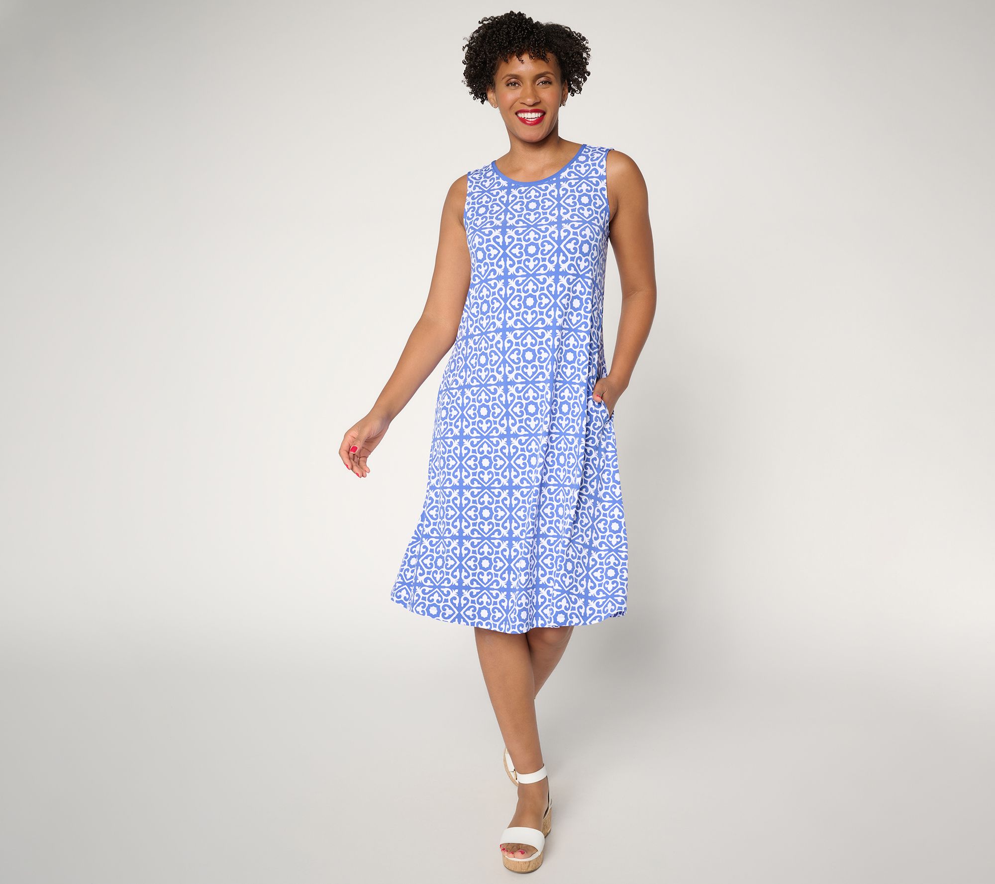Susan Graver Petite Printed Liquid Knit A-Line Dress with Back Tie