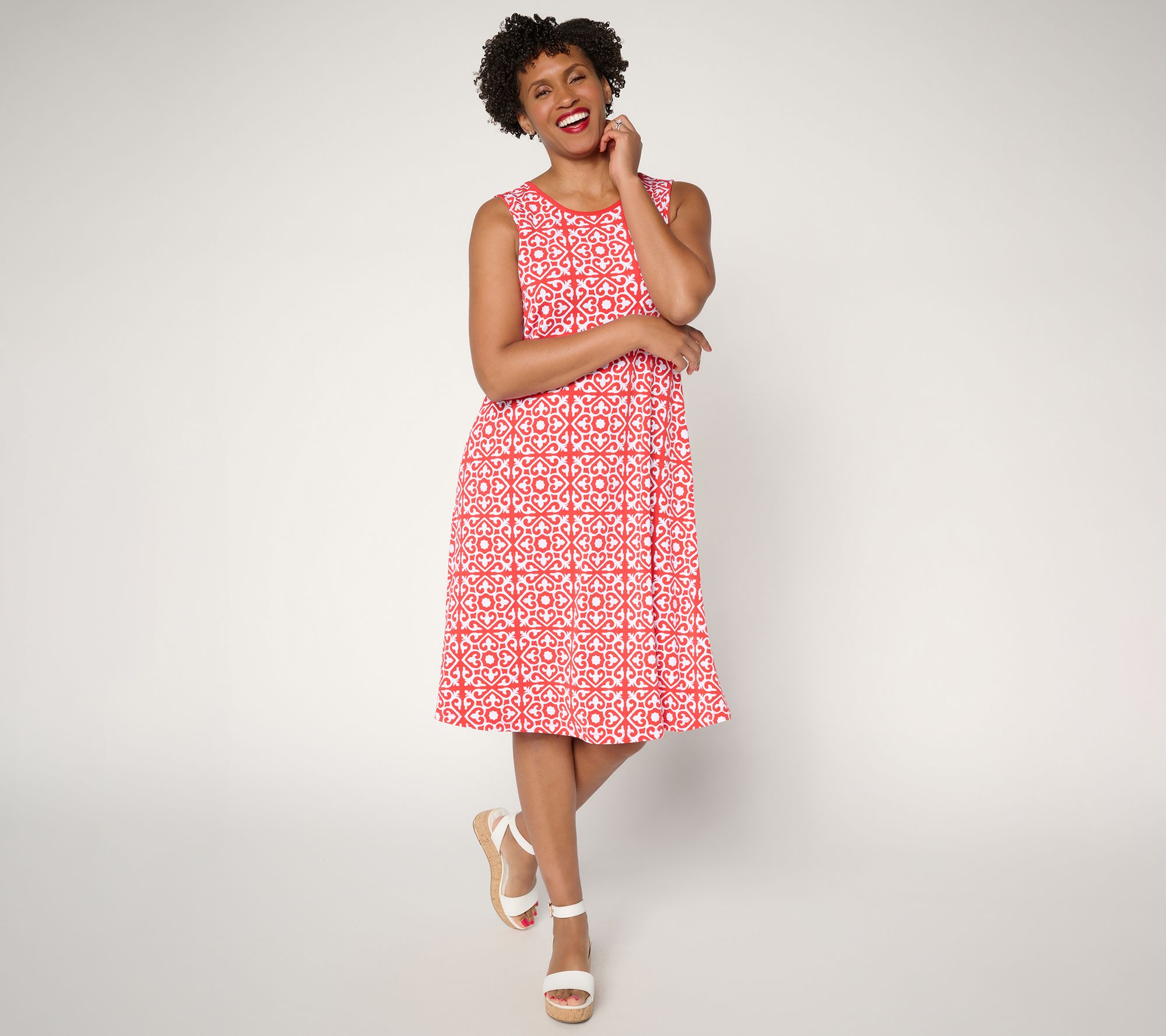 Susan Graver Petite Printed Liquid Knit A-Line Dress with Back Tie