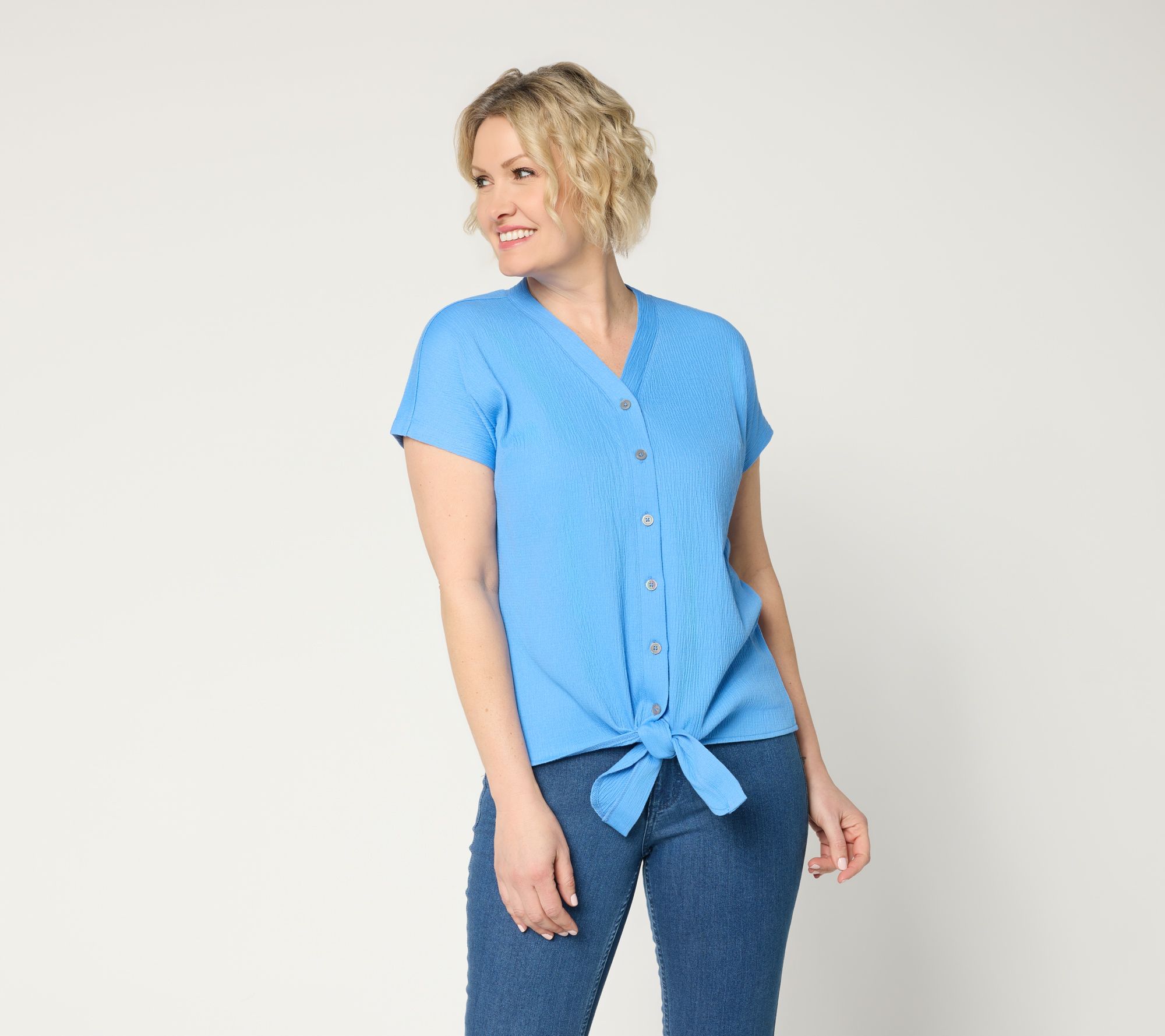  Belle by Kim Gravel Packabelle Button Trim Tie Front Top