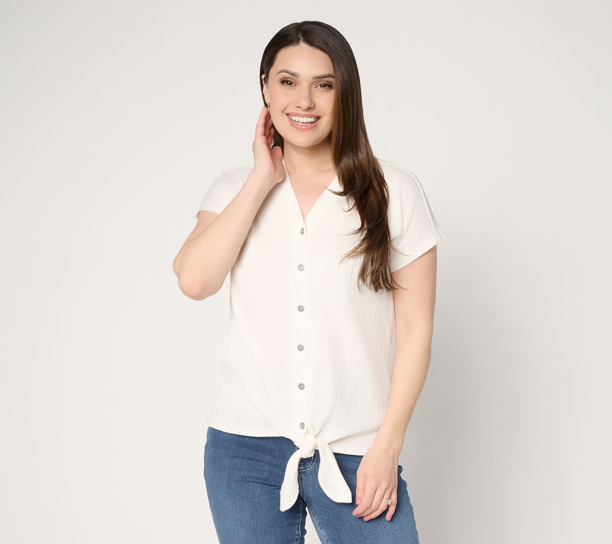 Belle by Kim Gravel Packabelle Button Trim Tie Front Top