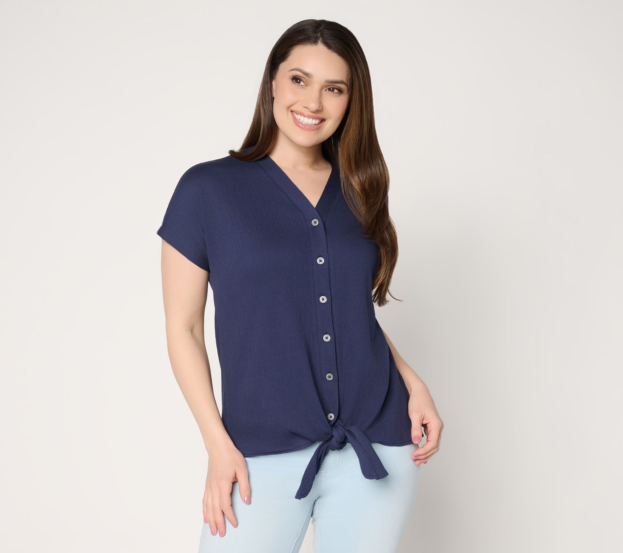 Belle by Kim Gravel Packabelle Button Trim Tie Front Top