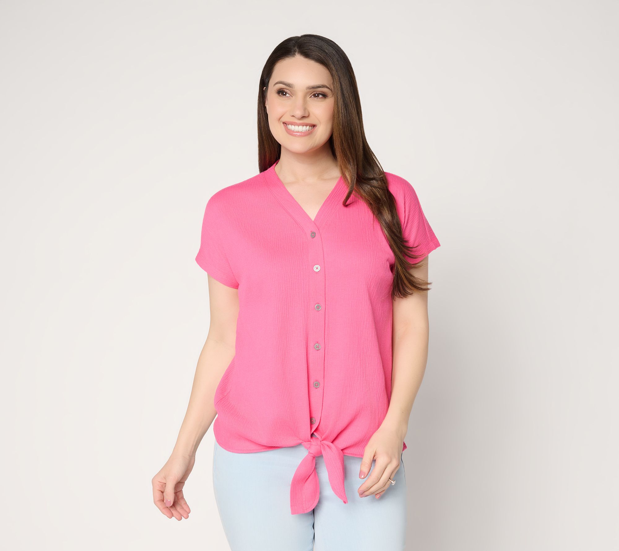 Belle by Kim Gravel Packabelle Button Trim Tie Front Top