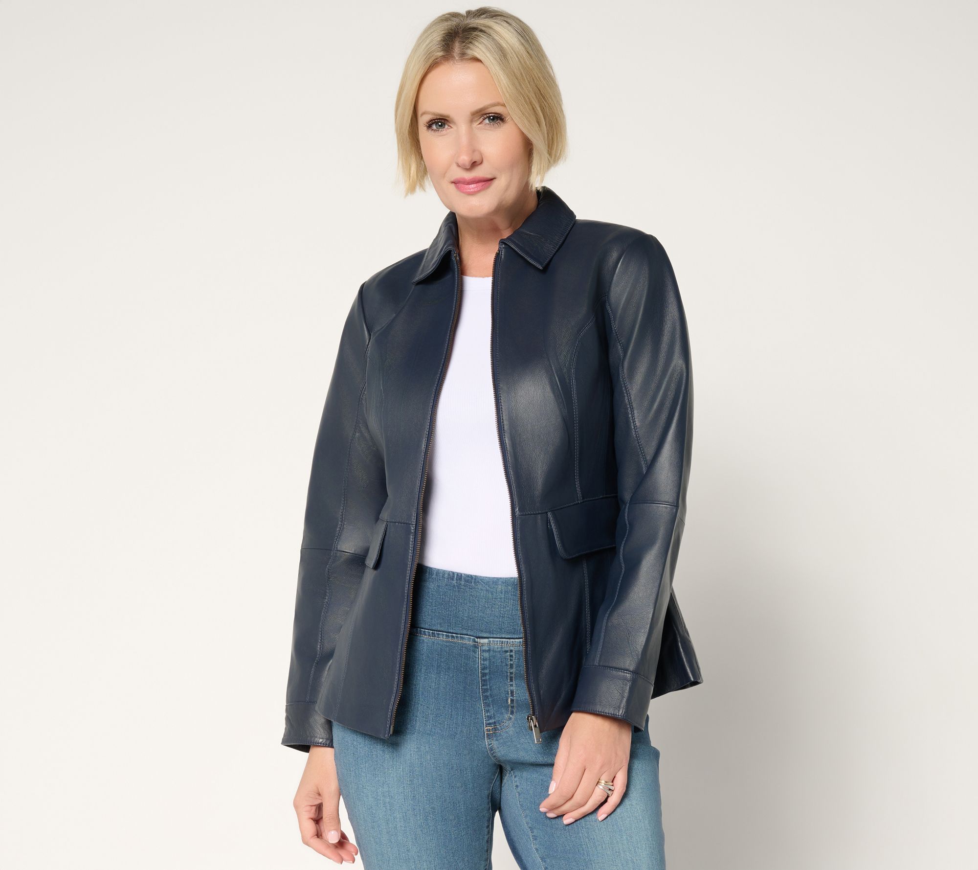  "As Is" Denim & Co. Petite Lamb Leather Zip Front Jacket