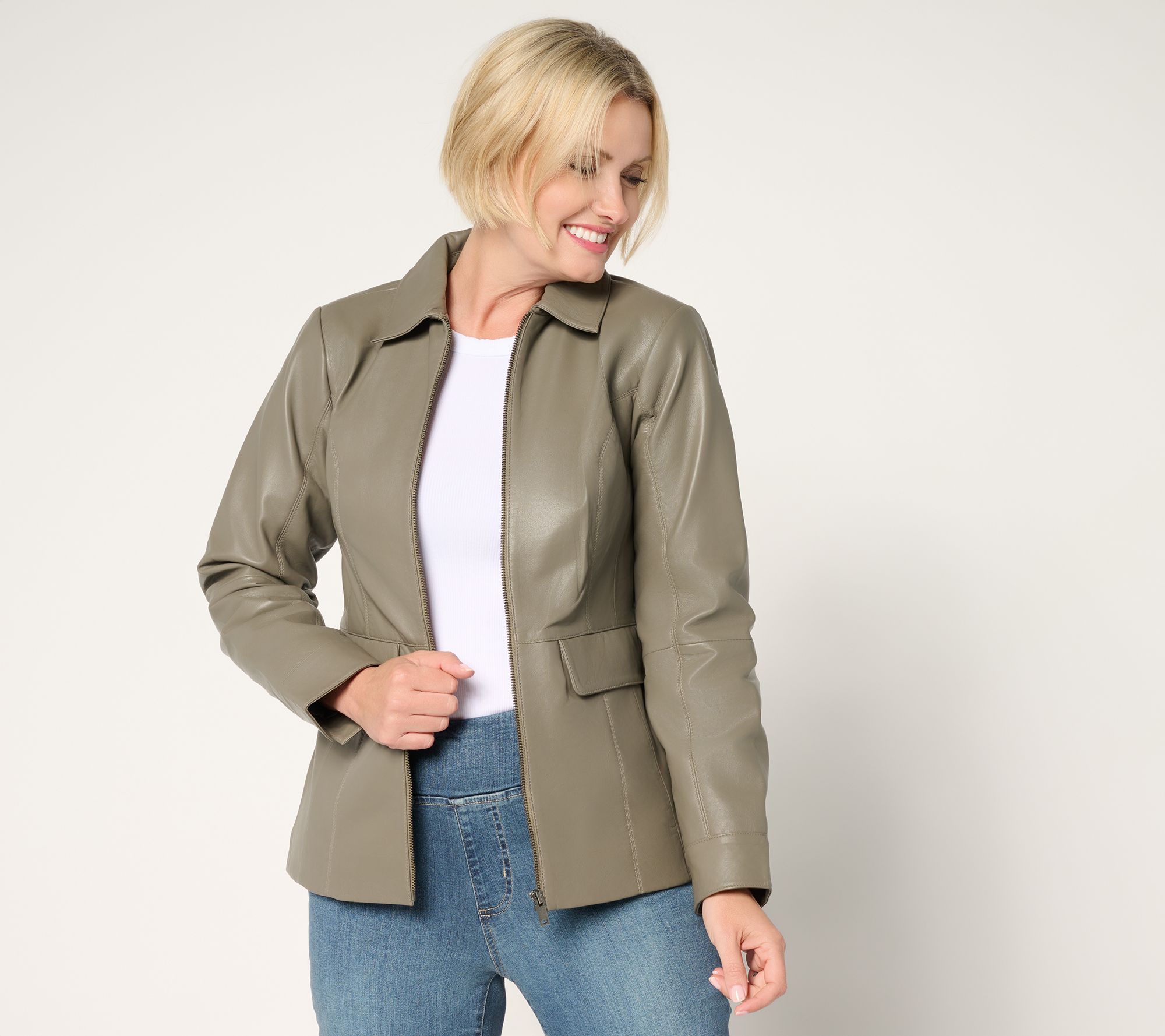 "As Is" Denim & Co. Petite Lamb Leather Zip Front Jacket