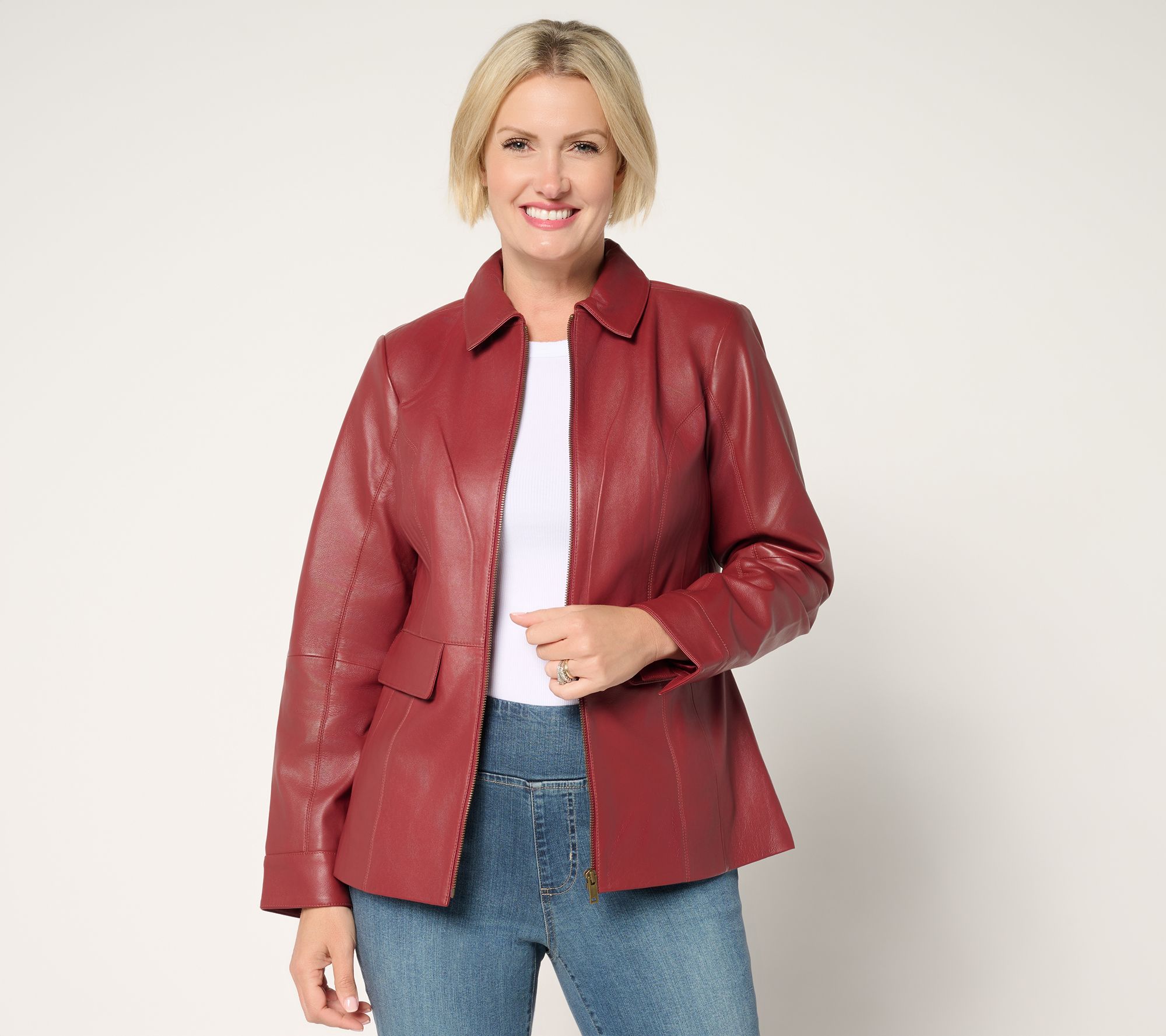 "As Is" Denim & Co. Petite Lamb Leather Zip Front Jacket