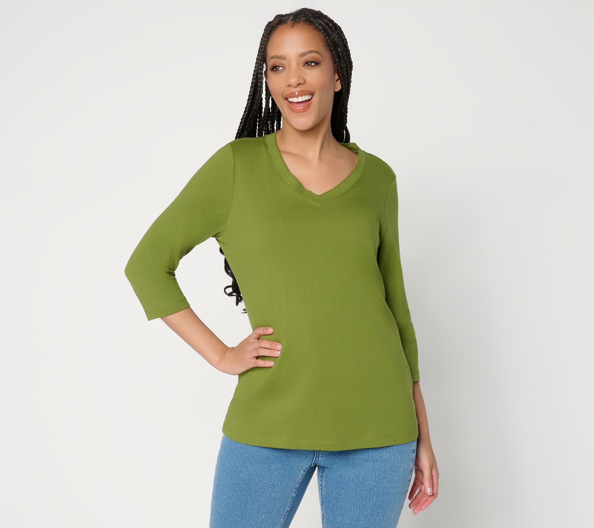 Denim & Co. Essentials True Cotton 3/4 Sleeve Top w/ Trim Detail