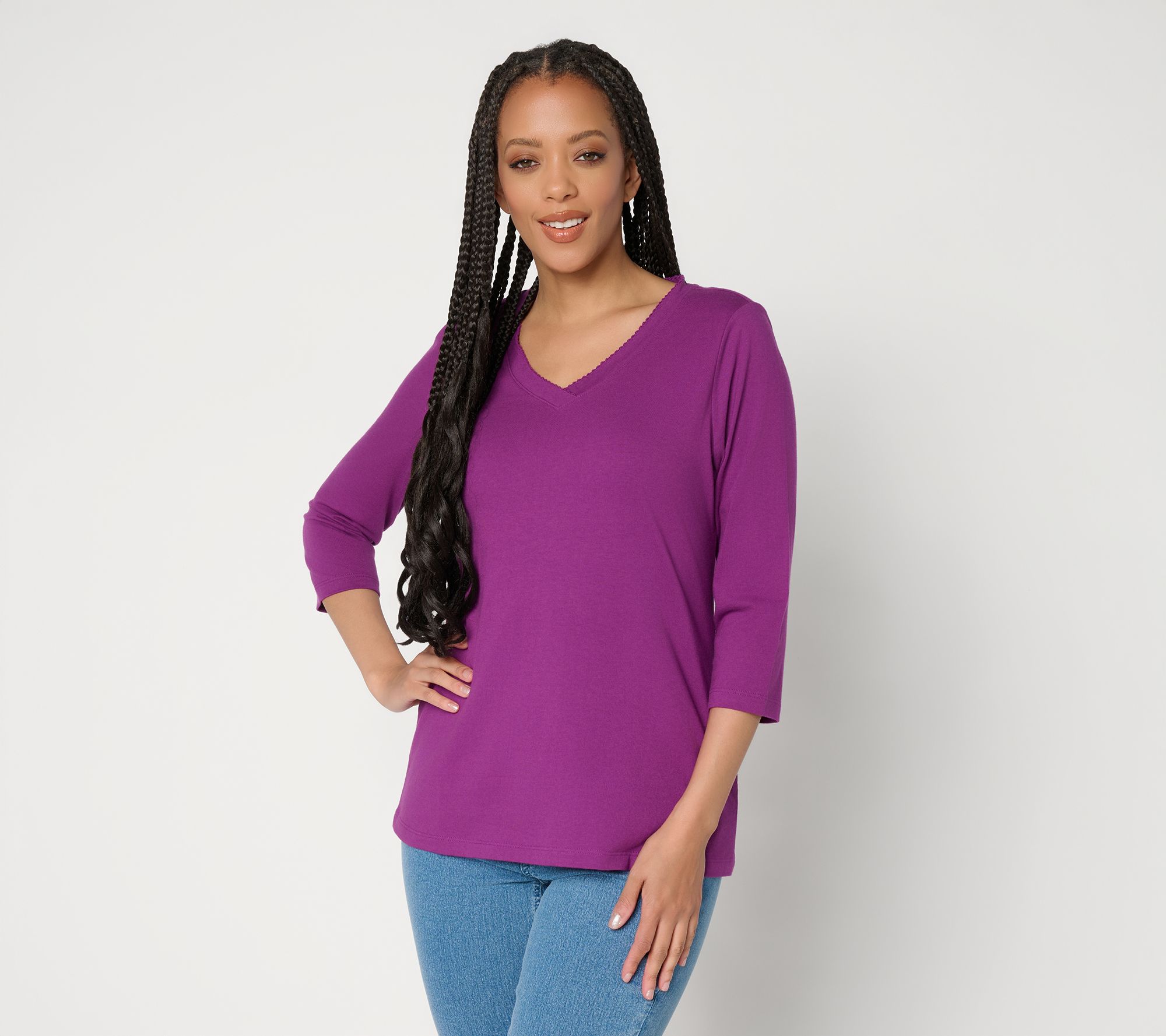 Denim & Co. Essentials True Cotton 3/4 Sleeve Top w/ Trim Detail
