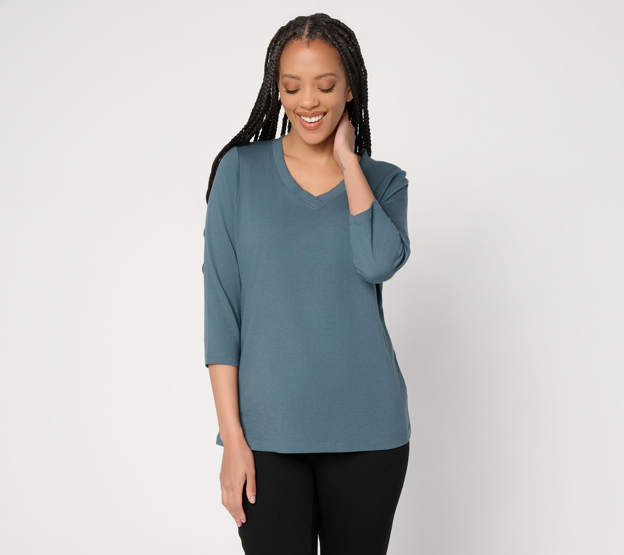 Denim & Co. Essentials True Cotton 3/4 Sleeve Top w/ Trim Detail