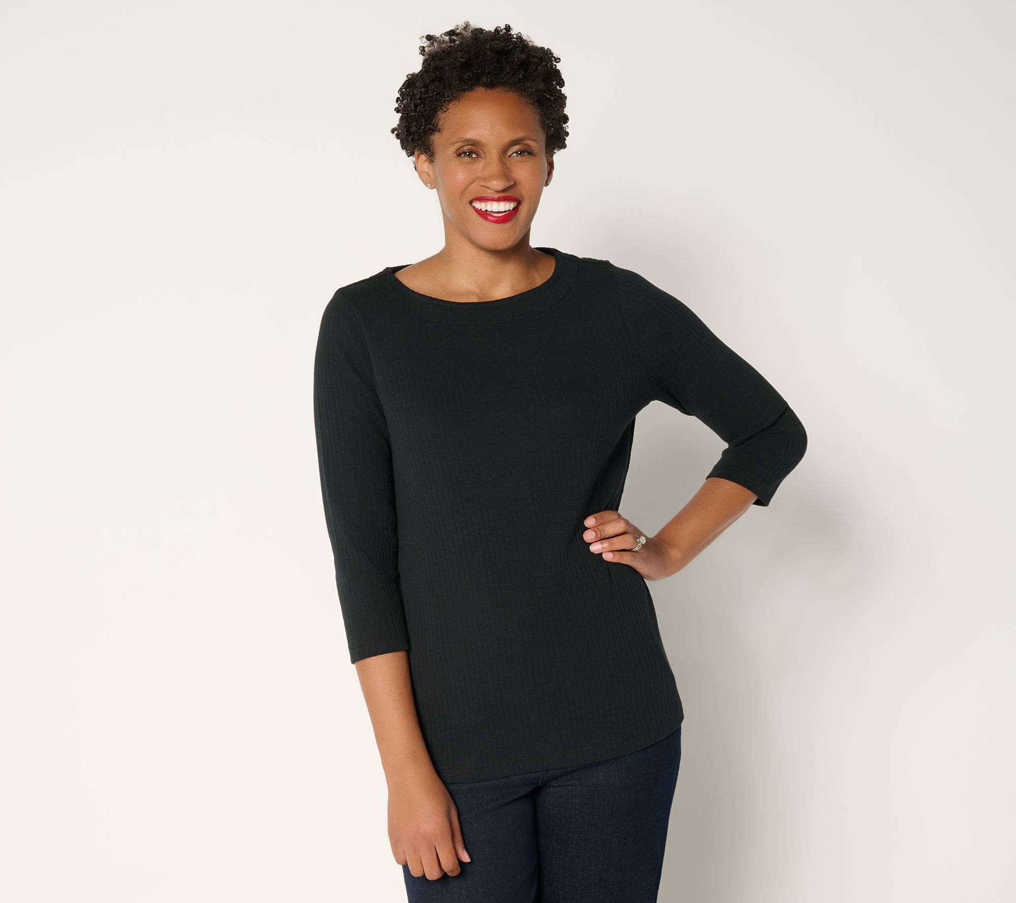"As Is" Denim & Co. Essentials Ribbed Boat Neck 3/4 Sleeve Top