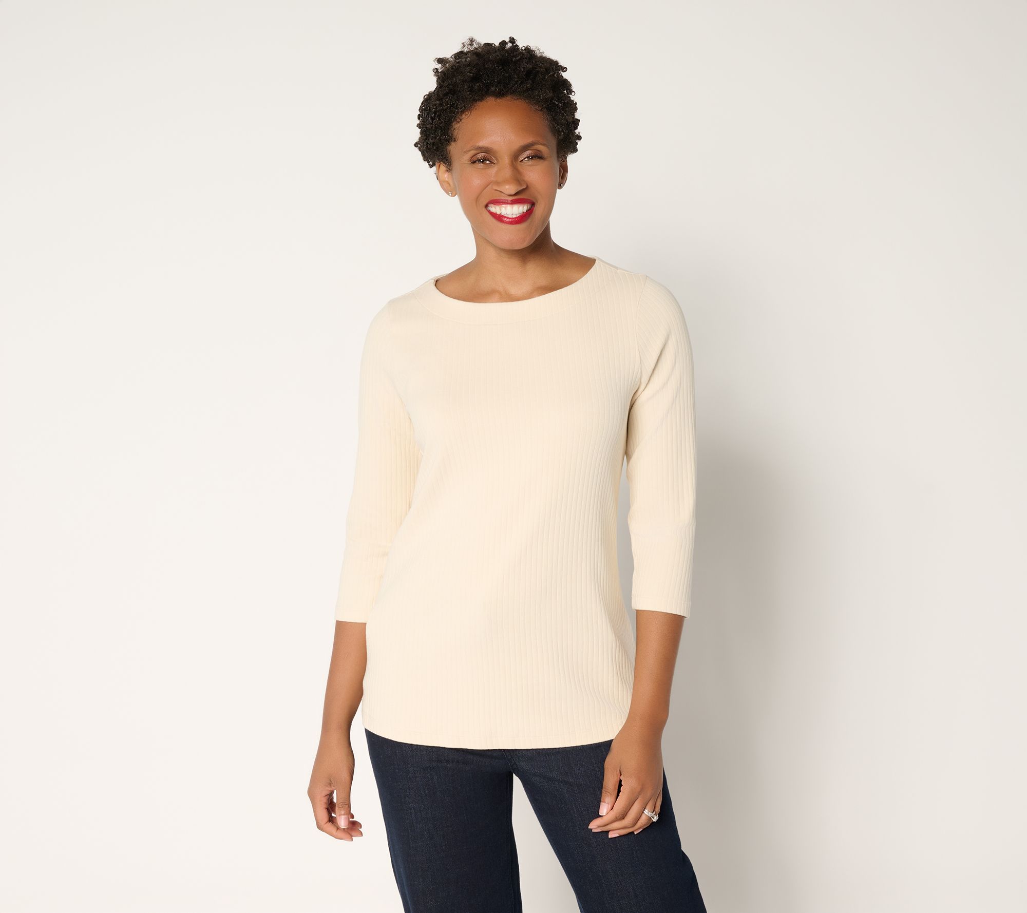 "As Is" Denim & Co. Essentials Ribbed Boat Neck 3/4 Sleeve Top