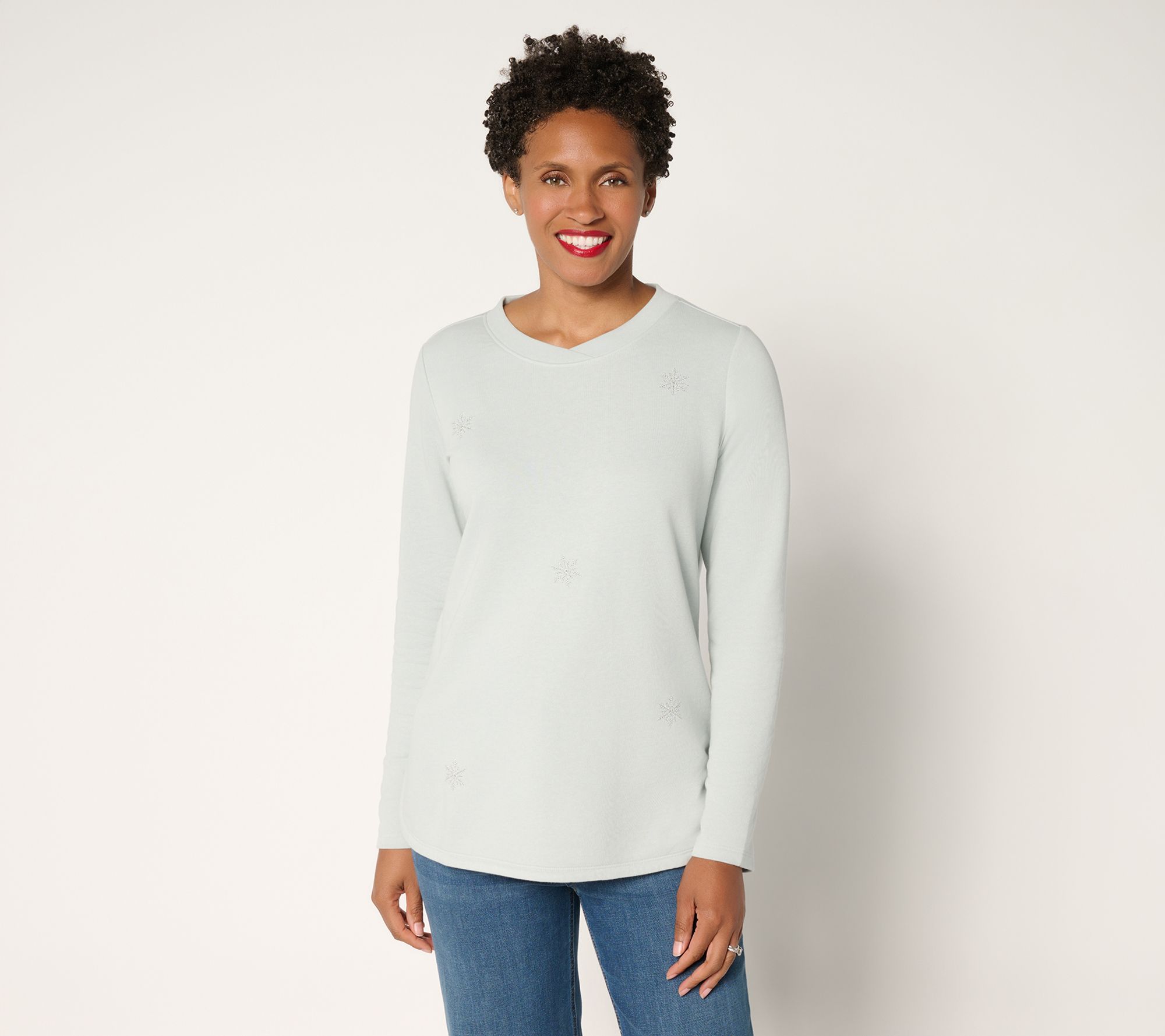 "As Is" Denim & Co. Fleece Snowflake Embroidered Top