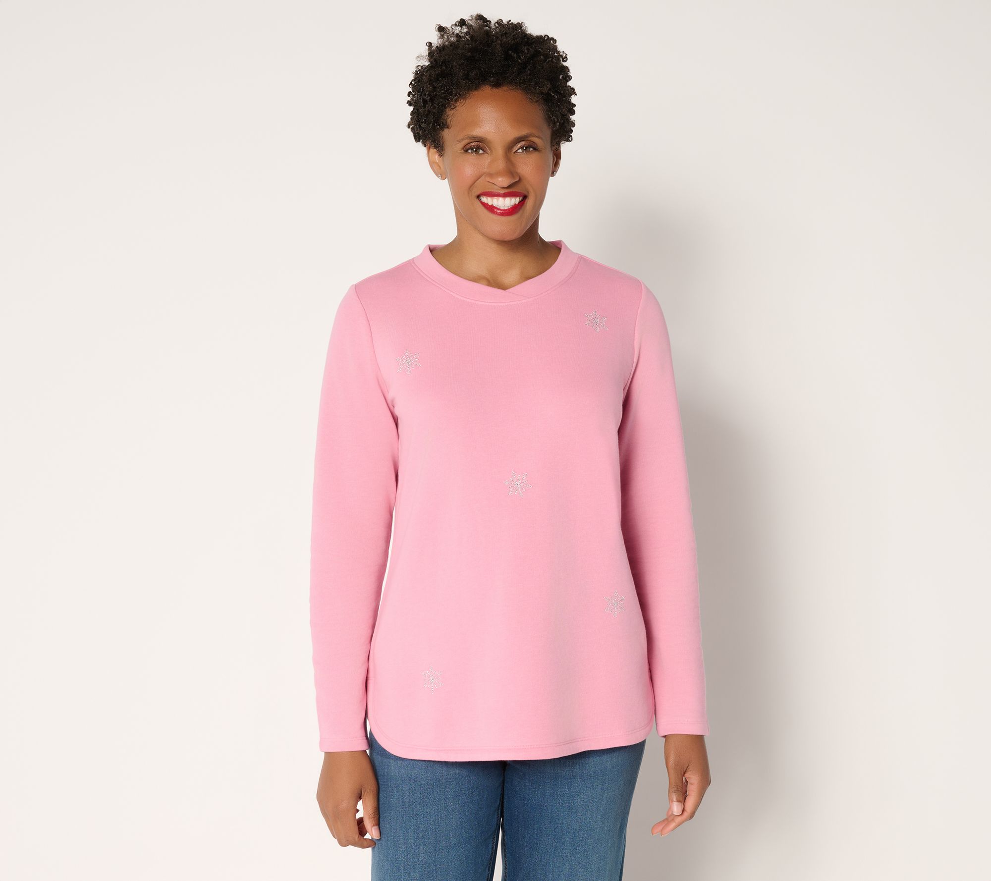 "As Is" Denim & Co. Fleece Snowflake Embroidered Top