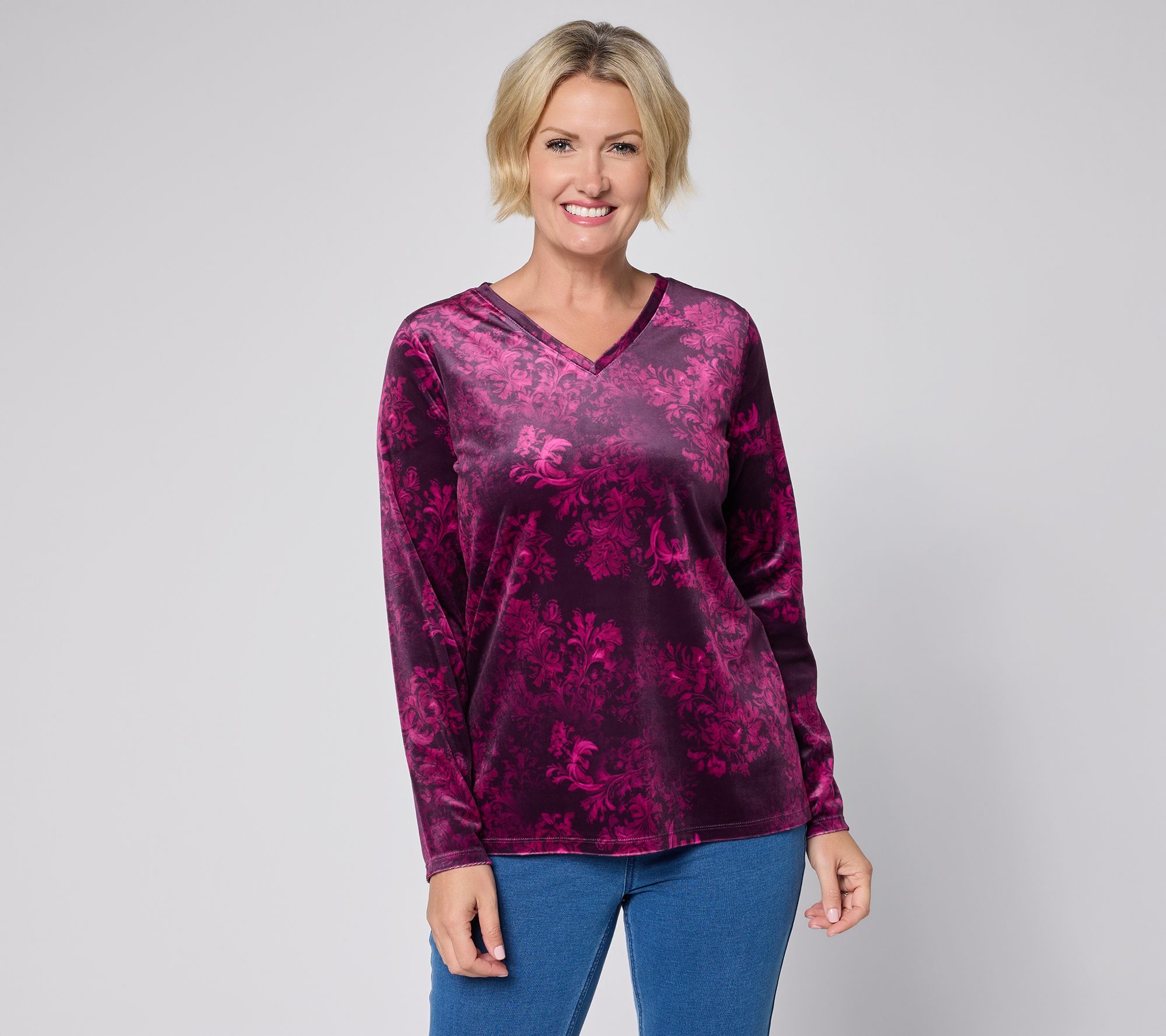 "As Is" Denim & Co. Printed Knit Velvet V-Neck Top