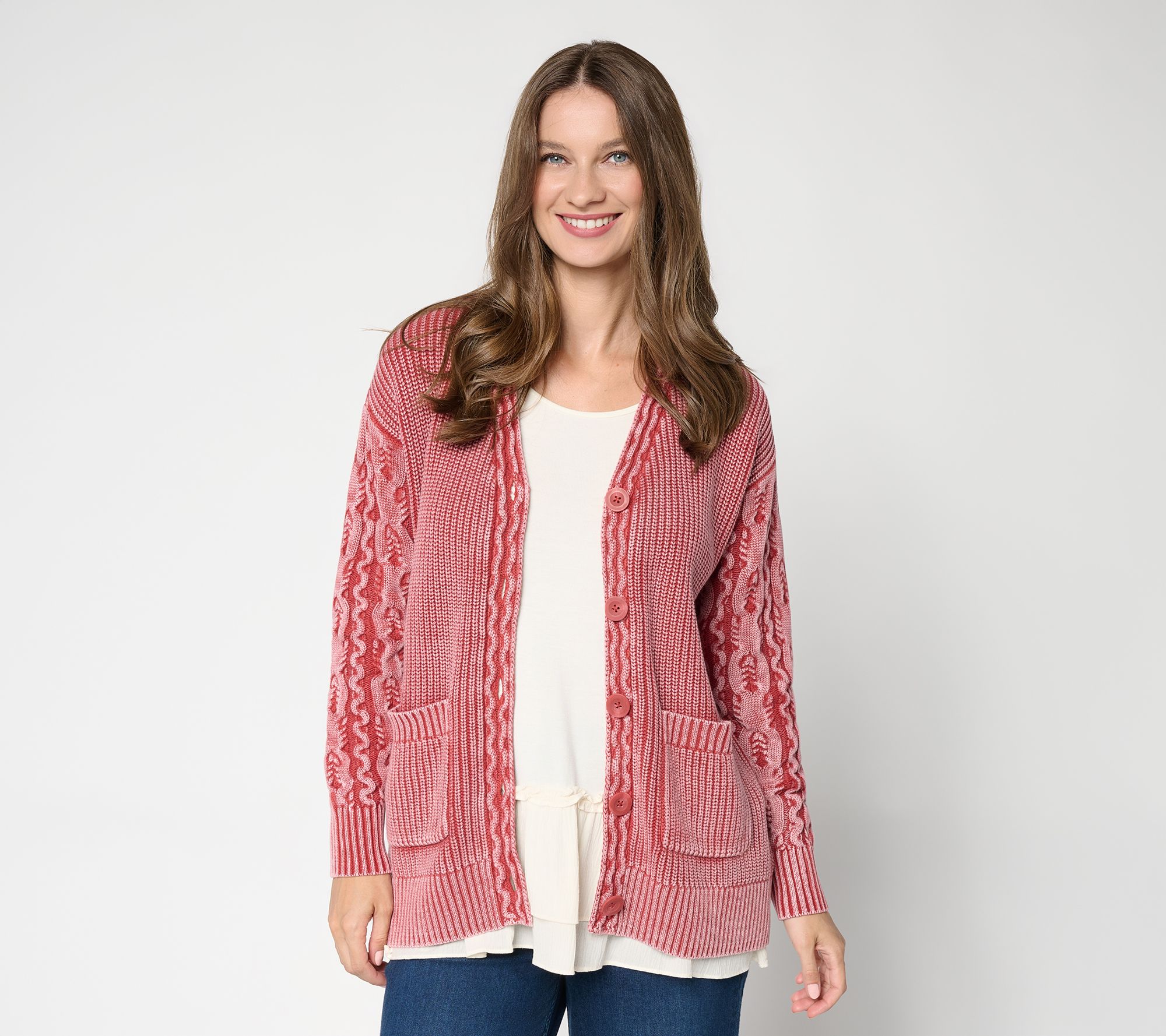 LOGO by Lori Goldstein 100% Cotton Cable Sleeve Cardigan