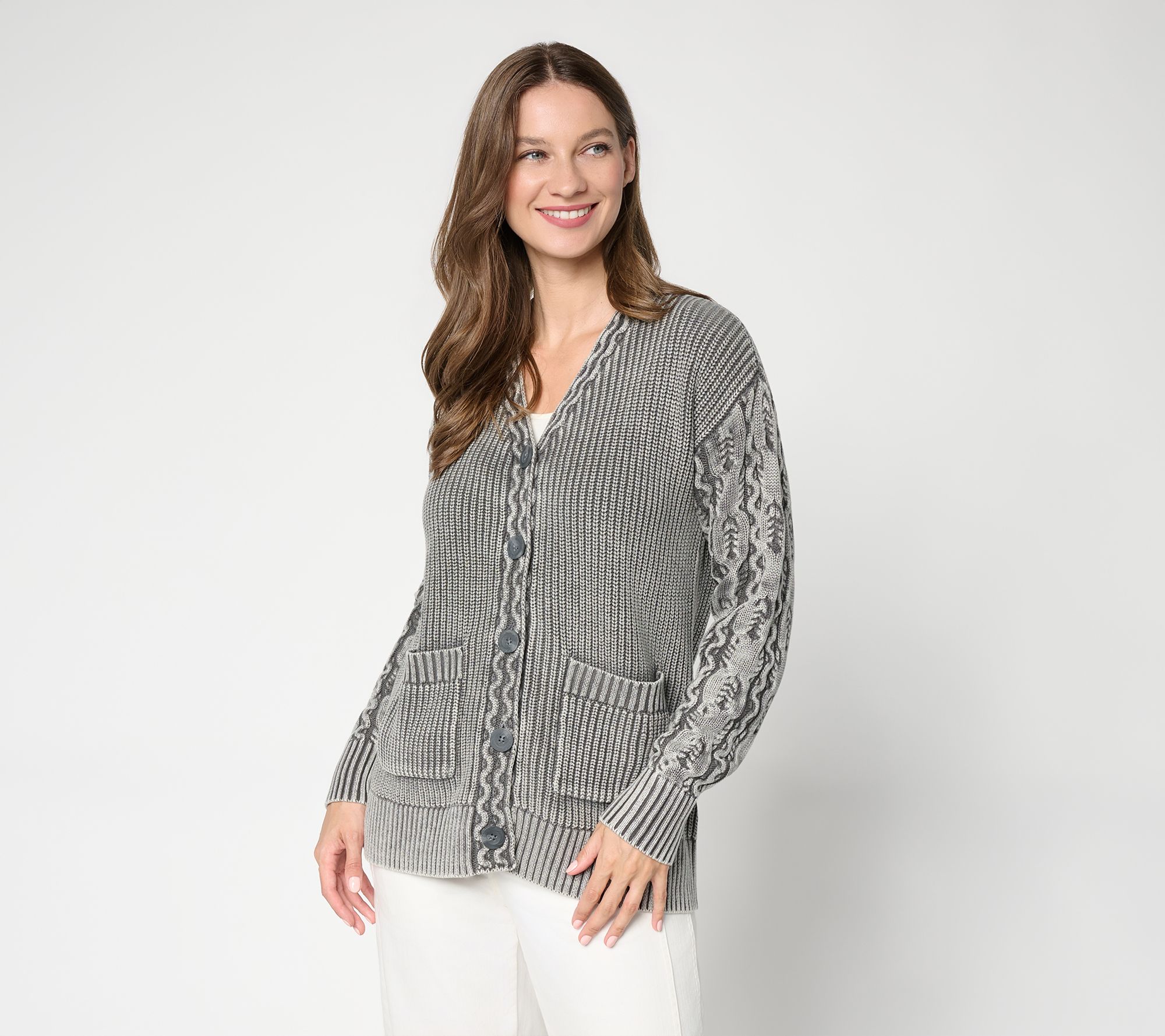 LOGO by Lori Goldstein 100% Cotton Cable Sleeve Cardigan