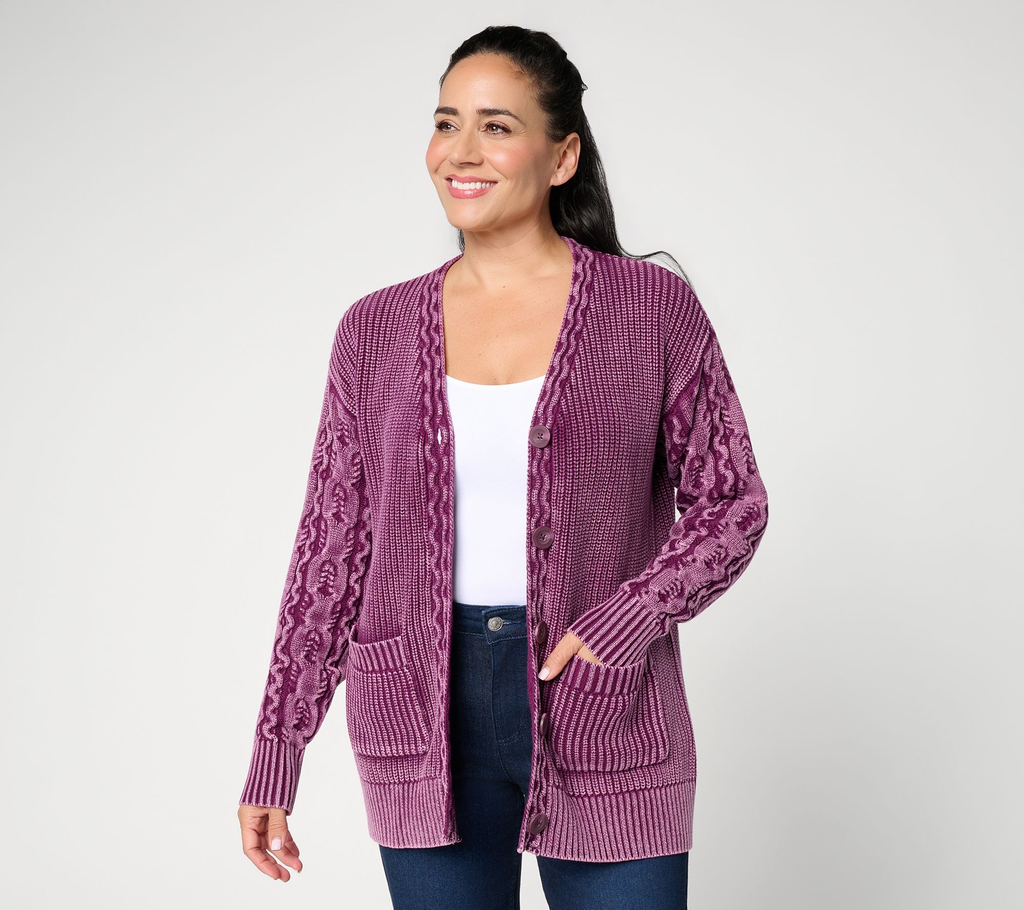 LOGO by Lori Goldstein 100% Cotton Cable Sleeve Cardigan