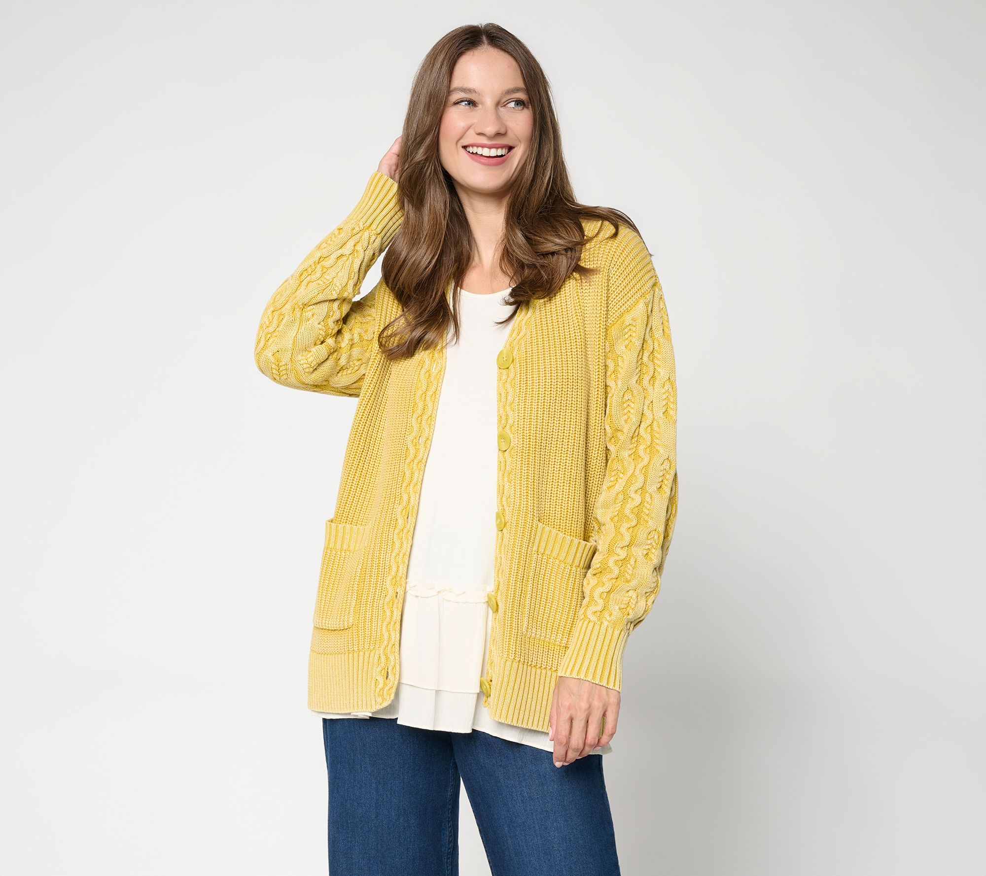 LOGO by Lori Goldstein 100% Cotton Cable Sleeve Cardigan