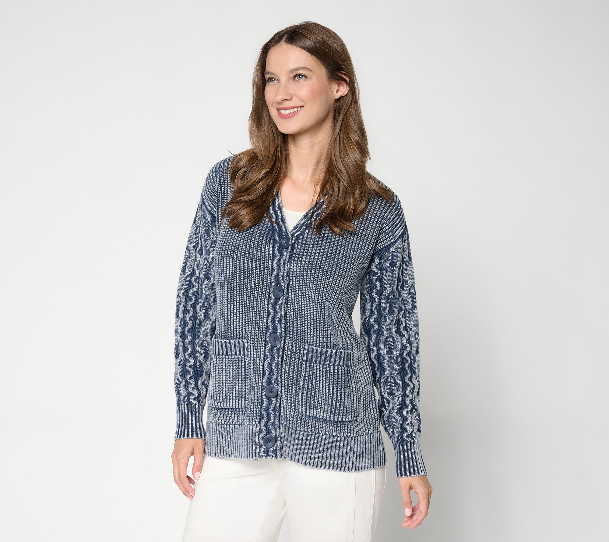 LOGO by Lori Goldstein 100% Cotton Cable Sleeve Cardigan