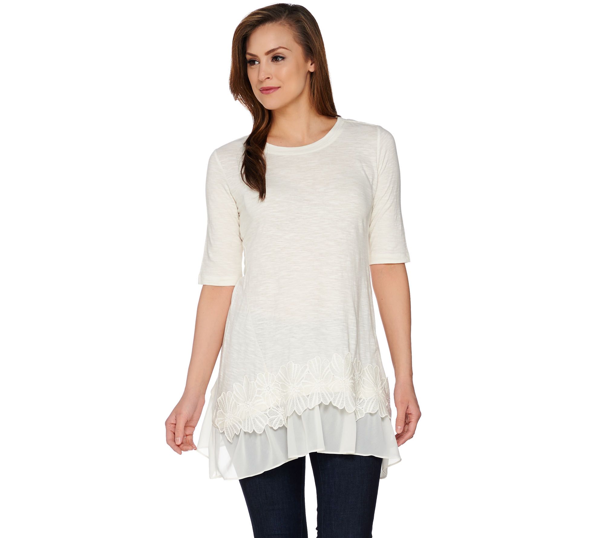 LOGO by Lori Goldstein Top with Side Godets & Embroidered Hem - QVC.com