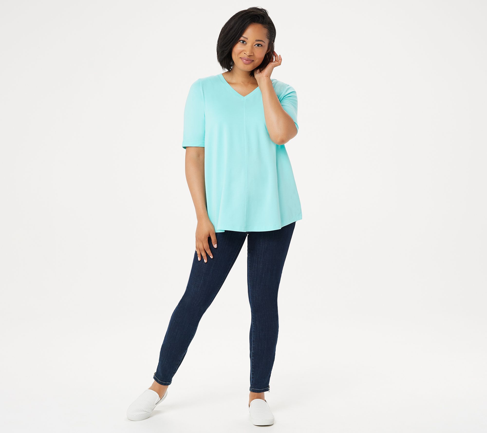 "As Is" Denim & Co. Essential Elbow Sleeve Top with Seaming Detail