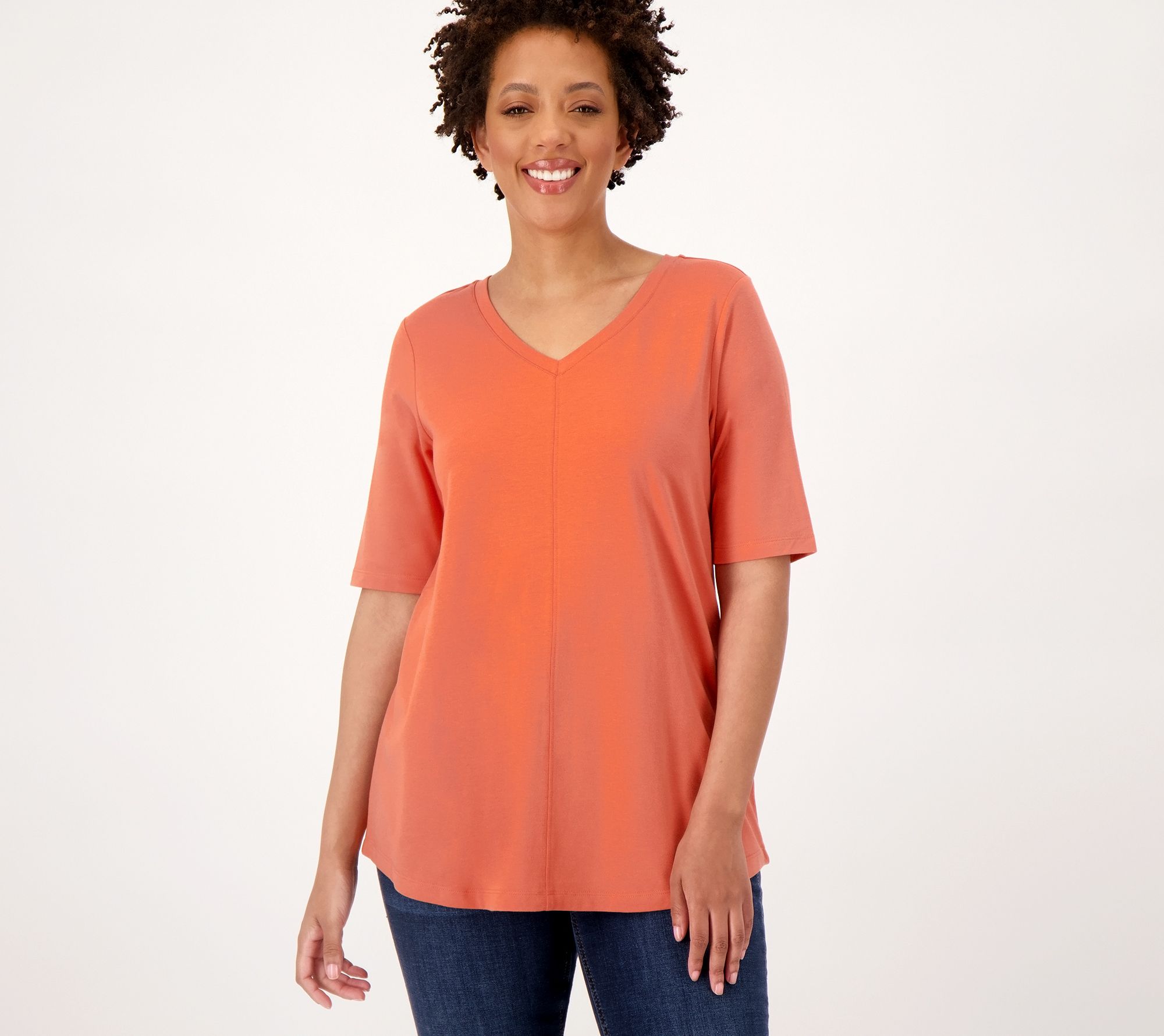 "As Is" Denim & Co. Essential Elbow Sleeve Top with Seaming Detail