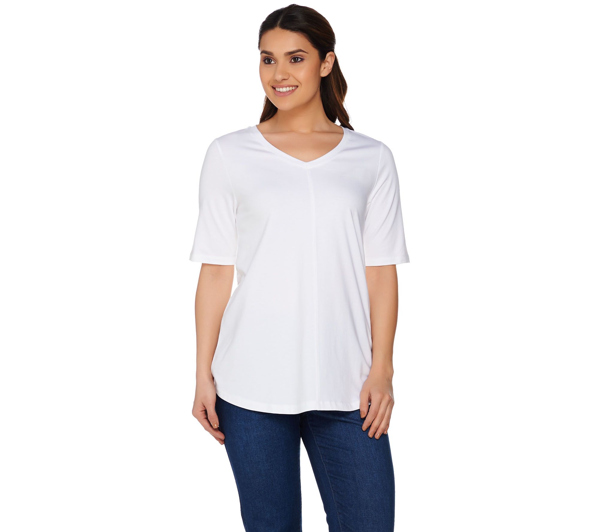 "As Is" Denim & Co. Essential Elbow Sleeve Top with Seaming Detail