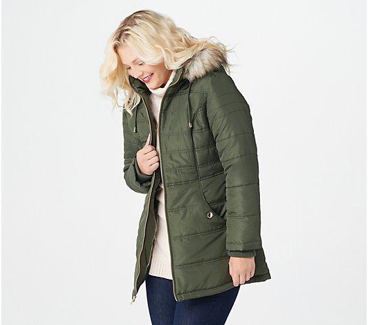 Susan Graver Water Resistant Quilted Puffer Jacket with Removable Hood