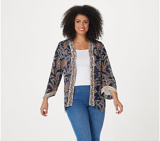 Belle by Kim Gravel Printed Chiffon Cardigan with Embroidery
