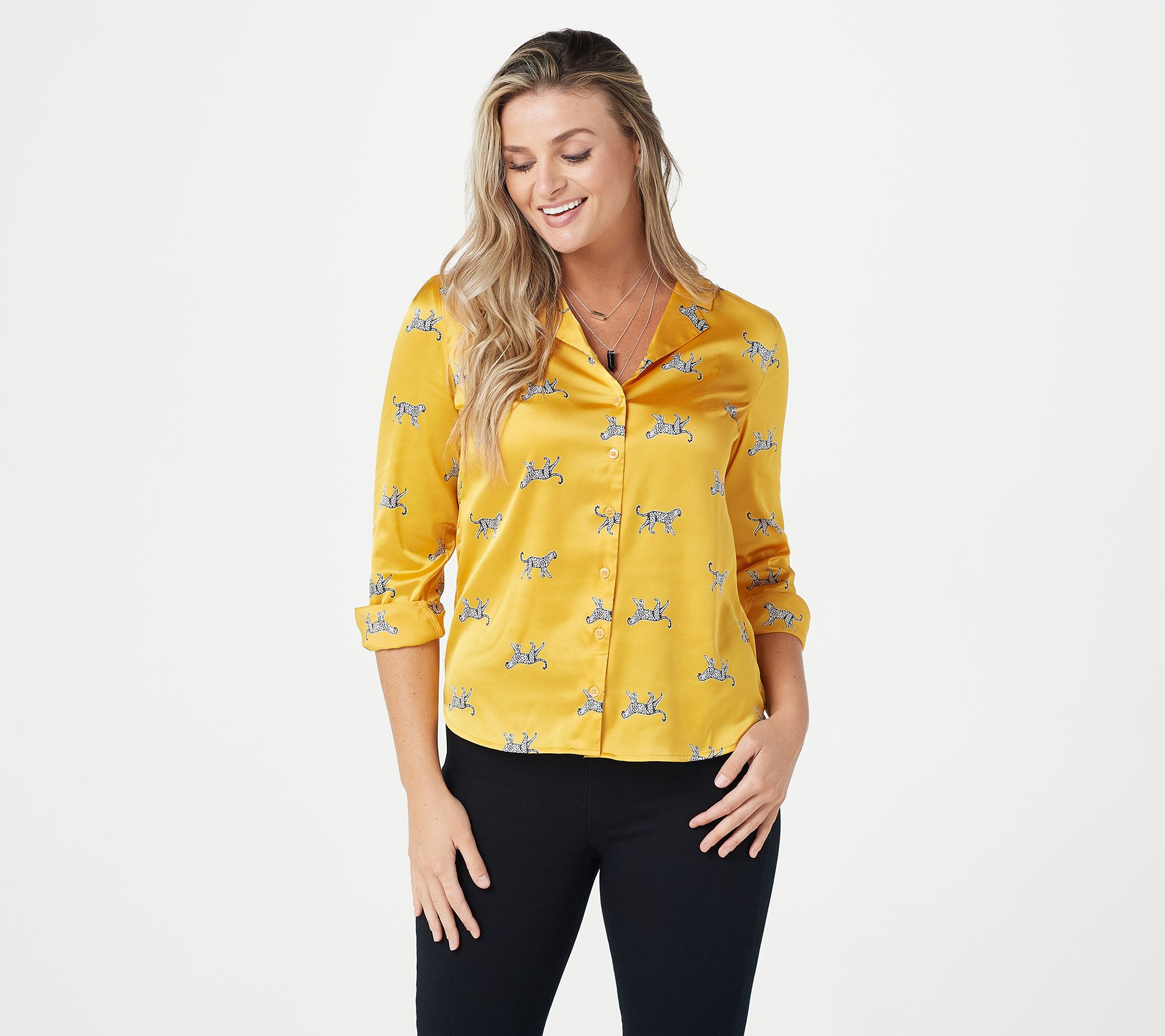 "As Is" Denim & Co. Printed Silky Notch Collar Long- Sleeve Blouse