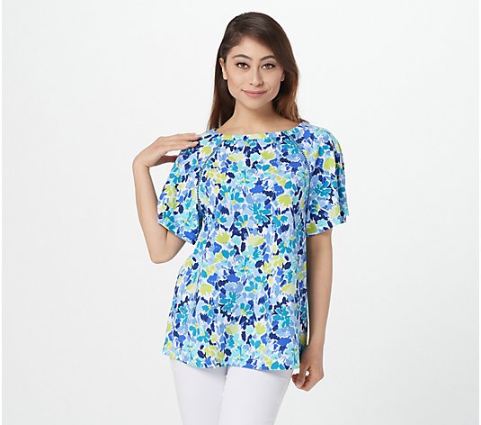 Isaac Mizrahi Live! Printed Top with Flutter Sleeves