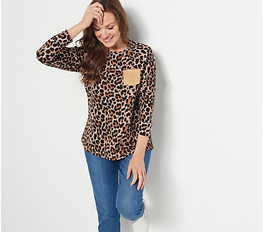 Quacker Factory Leopard Print Raglan Sleeve Top with Faux Suede Pocket