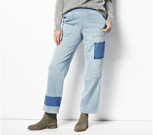 LOGO by Lori Goldstein Regular Knit Denim Shadow Patch Jeans