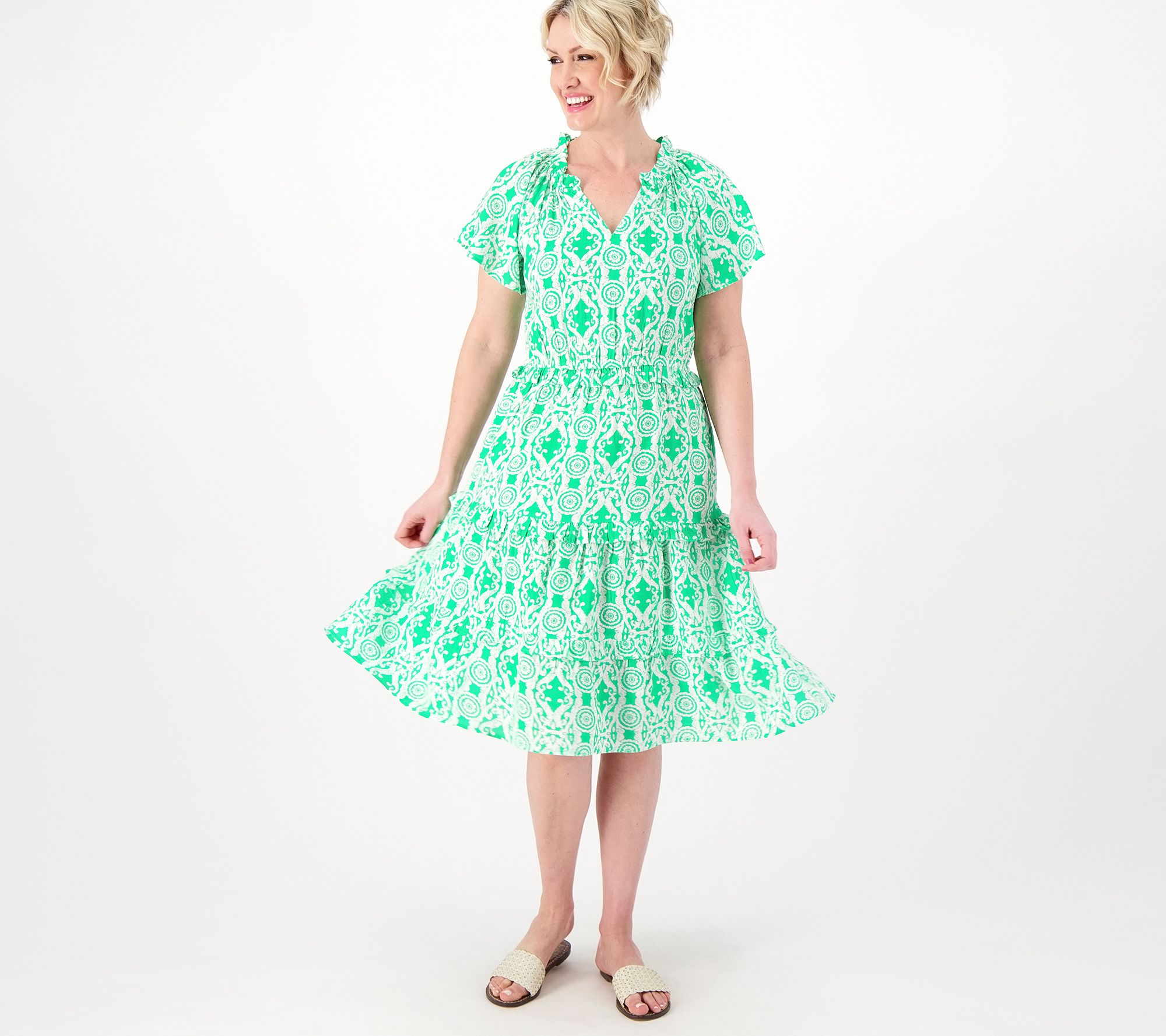 Destination 365 Regular Printed Flutter-Sleeve Tiered Dress