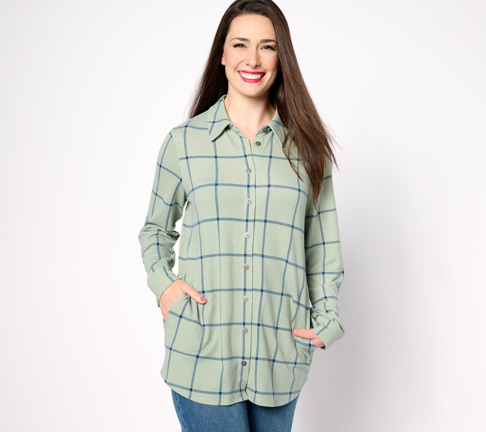 Denim & Co. Adaptive Heavenly Jersey Plaid Tunic
