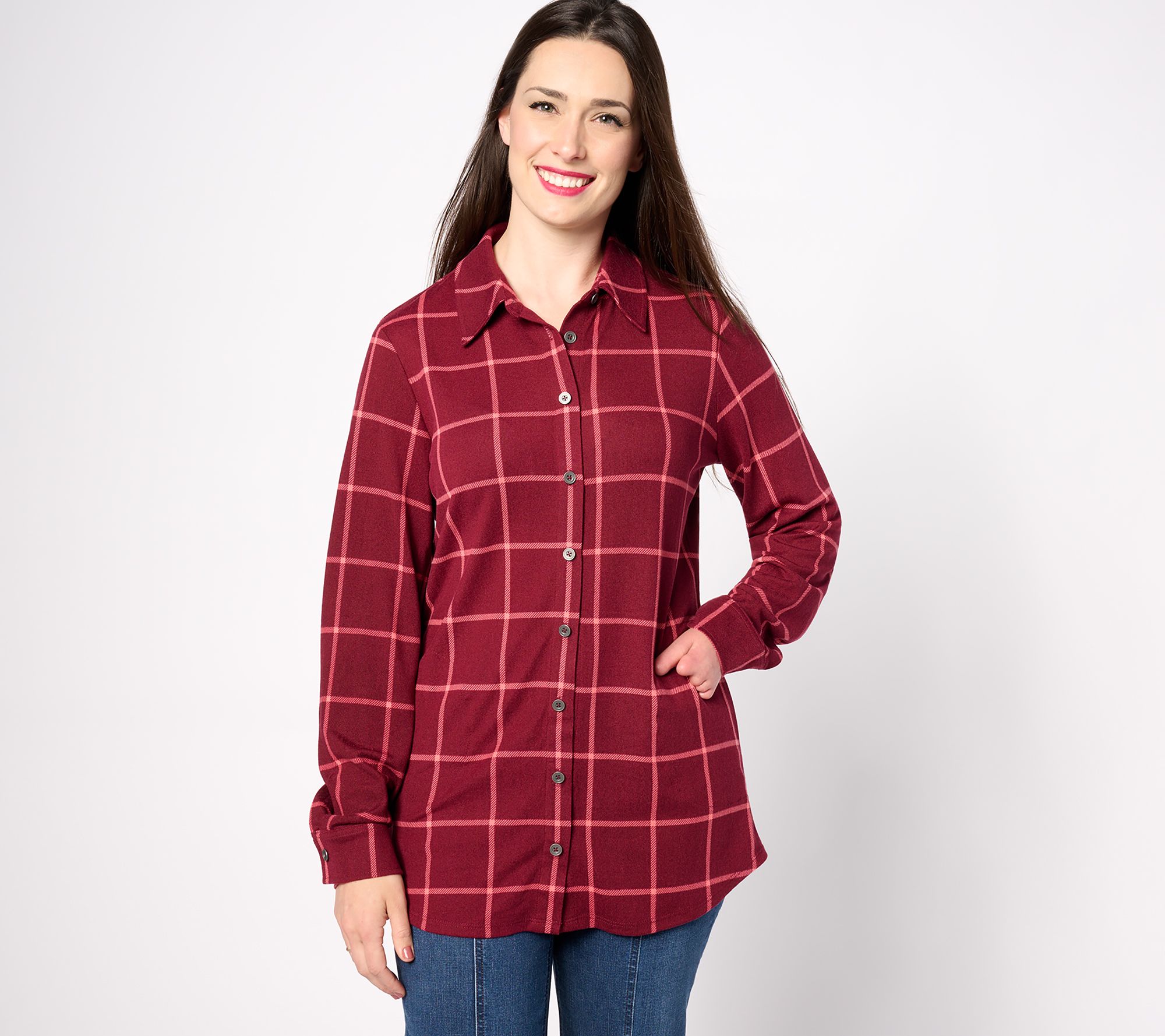 Denim & Co. Adaptive Heavenly Jersey Plaid Tunic