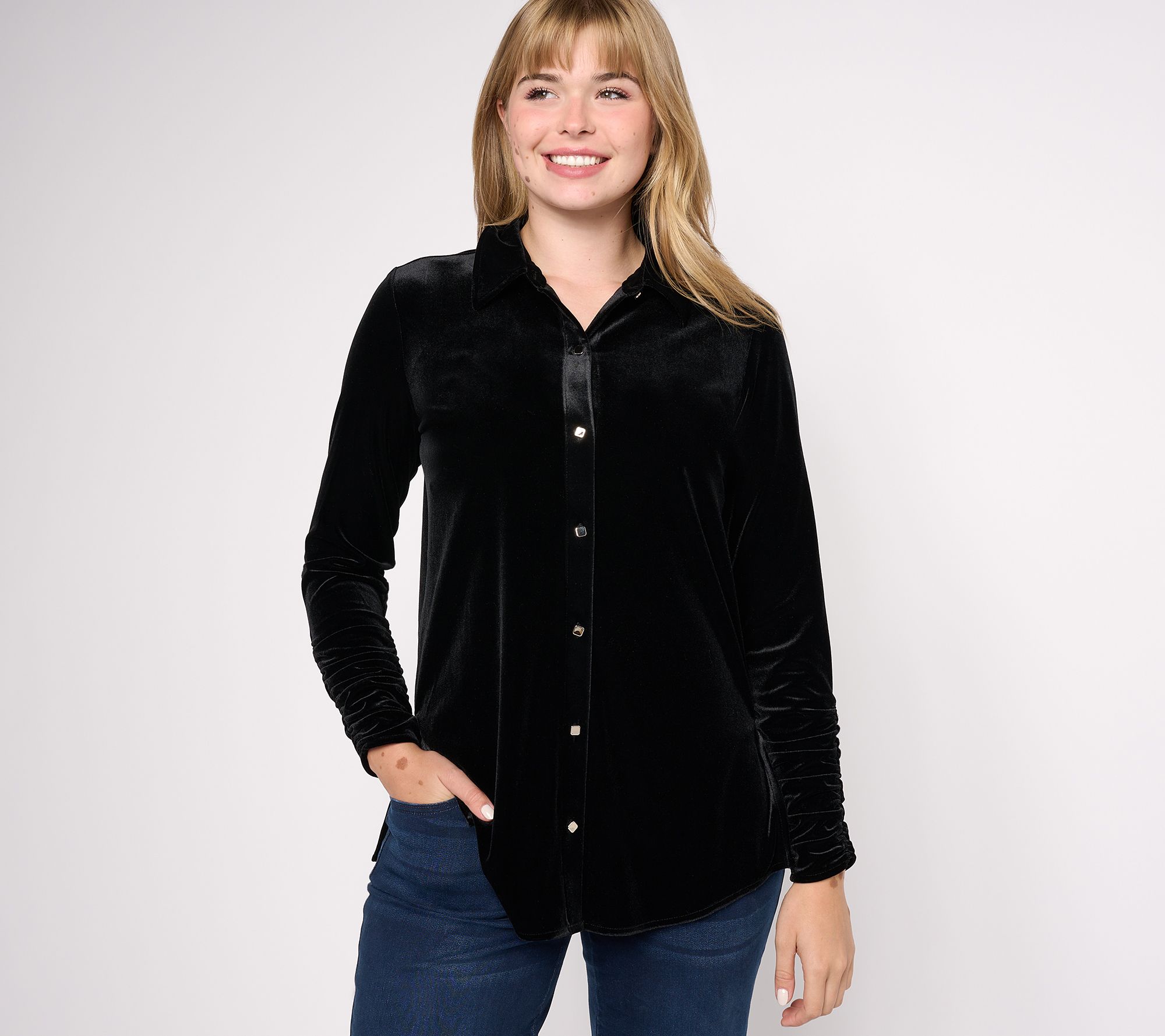 Susan Graver Petite Knit Velvet Button Front Long Sleeve Shirt