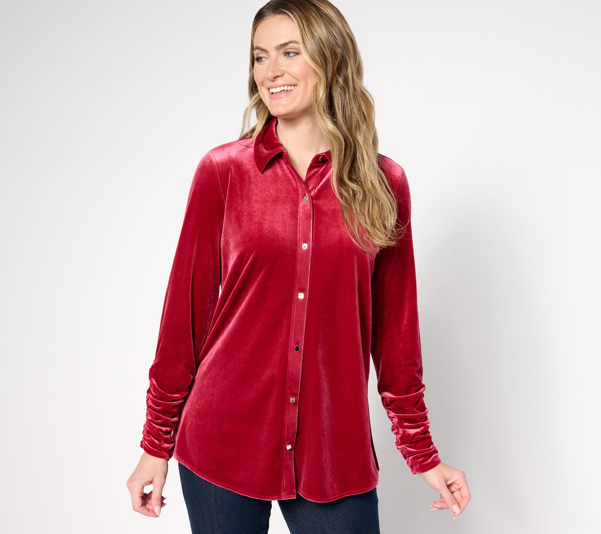 Susan Graver Petite Knit Velvet Button Front Long Sleeve Shirt
