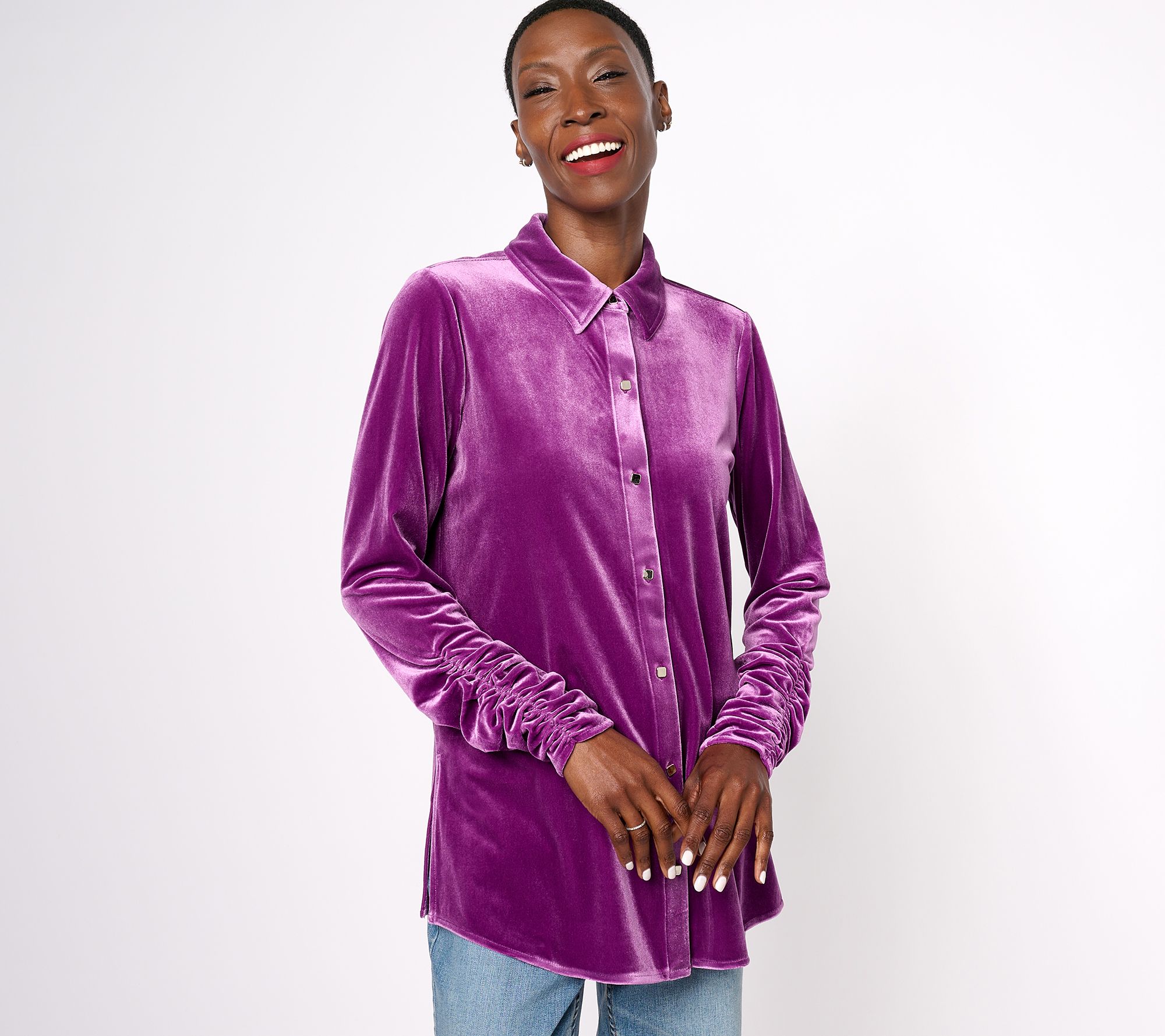 Susan Graver Petite Knit Velvet Button Front Long Sleeve Shirt