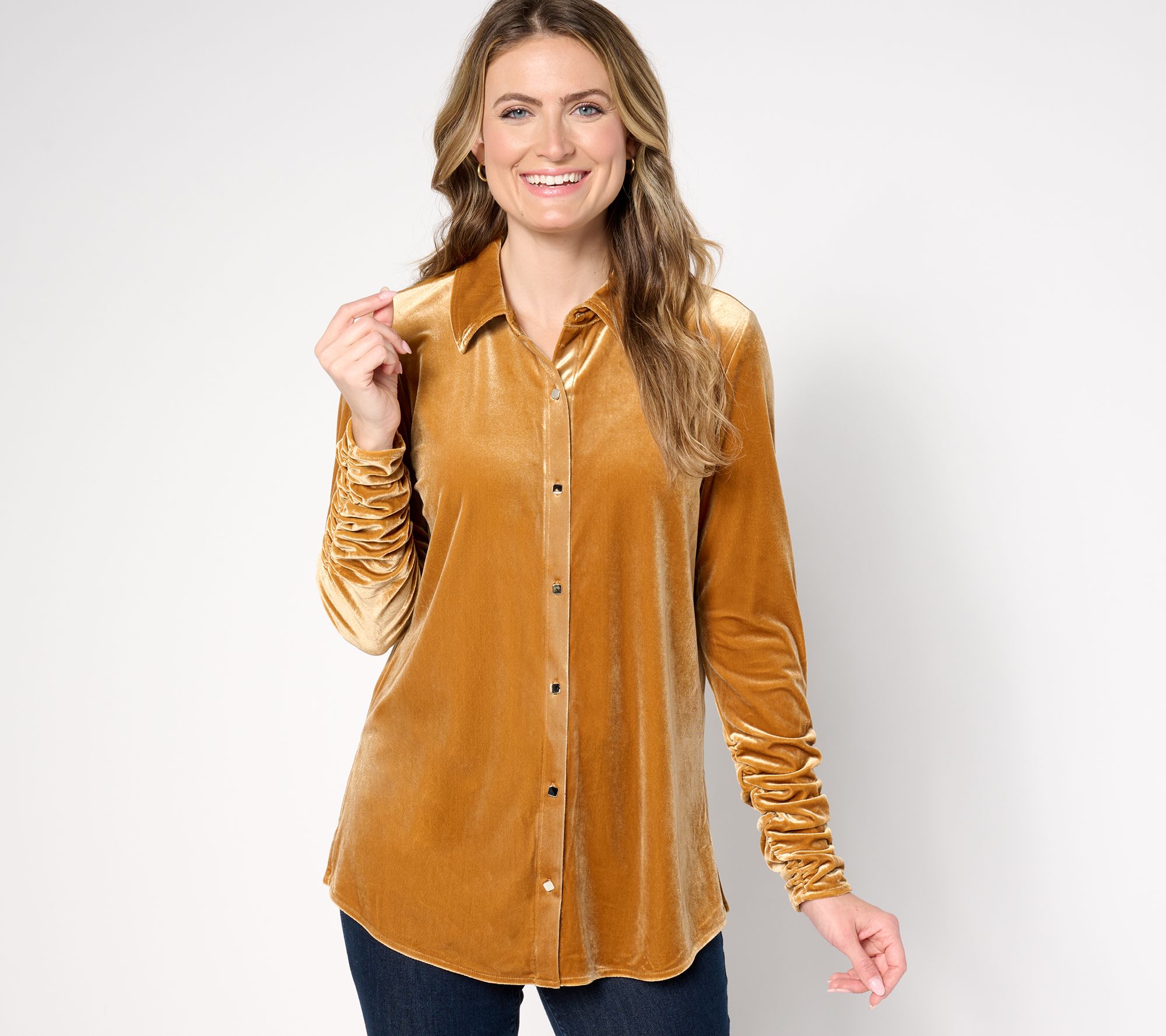 Susan Graver Petite Knit Velvet Button Front Long Sleeve Shirt