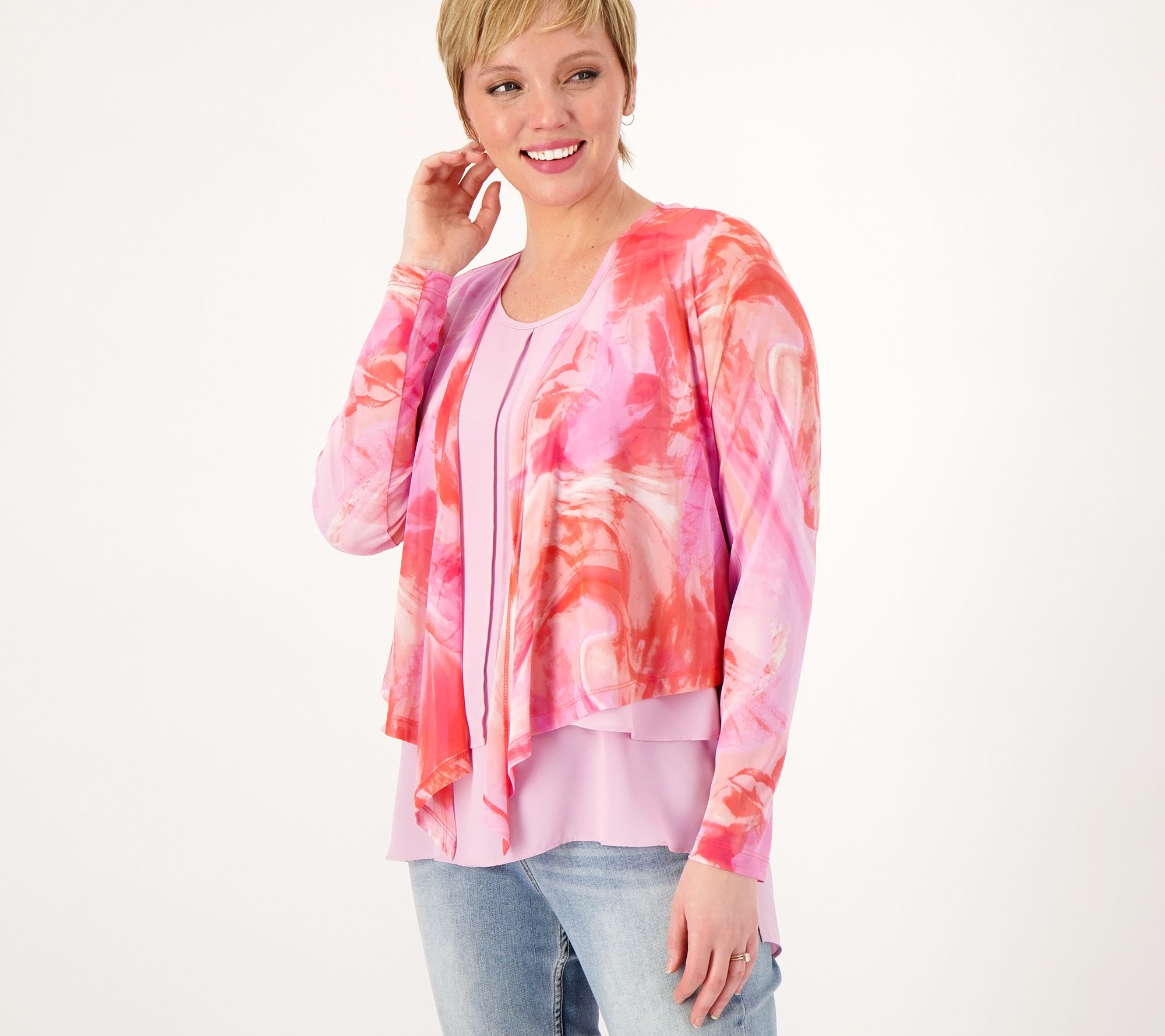 "As Is" Susan Graver Printed Mesh Long Sleeve Shrug
