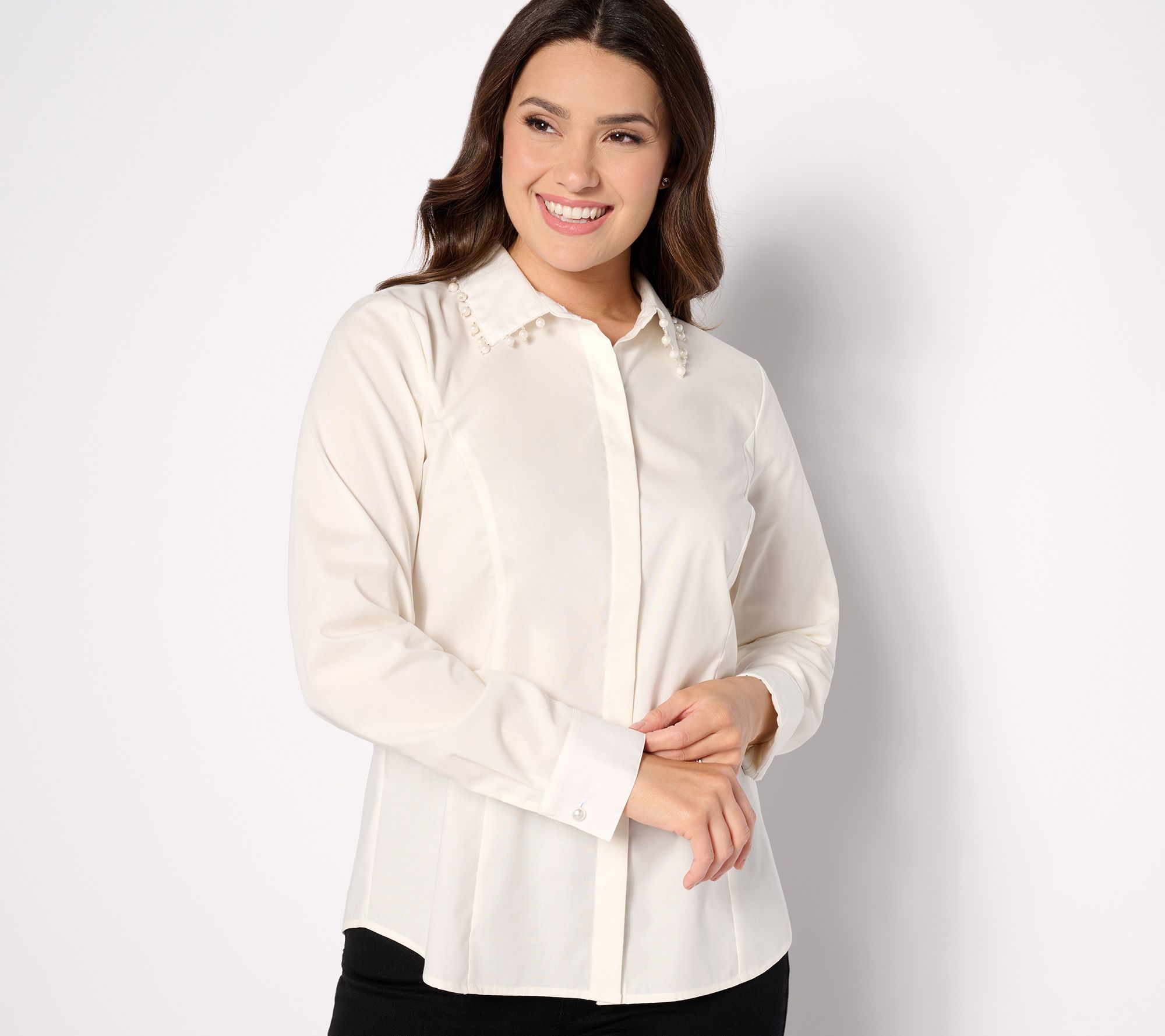 BEAUTIFUL by Lawrence Zarian Hidden Placket Poplin Shirt w/ Pearl Trim