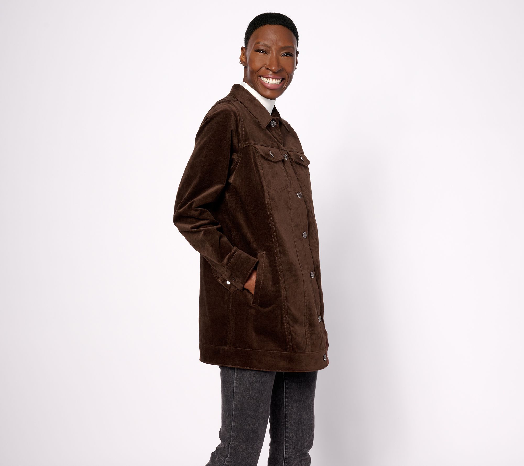 "As Is" Denim & Co. Stretch Velveteen Petite Long Jacket