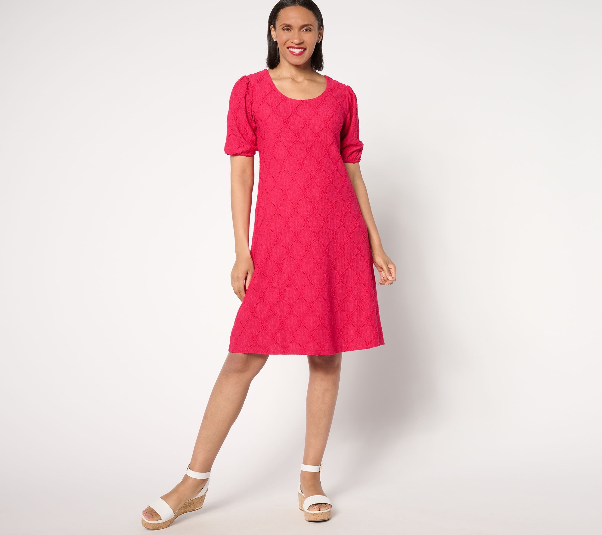 Susan Graver Reg Knit Eyelet Eyelet Elbow Sleeve Fully Lined Dress