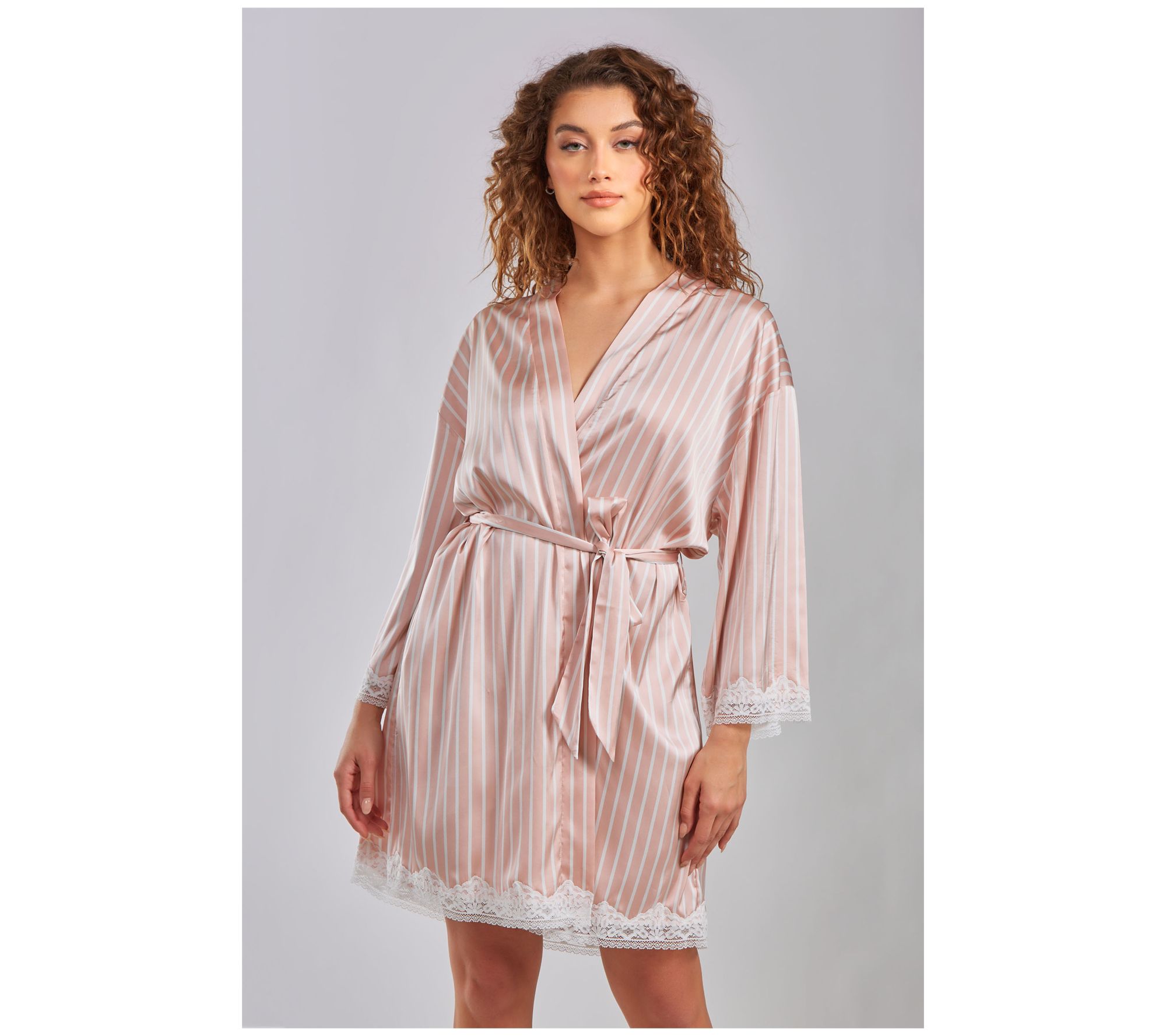 iCollection Satin Stripe Robe with Lace Trim